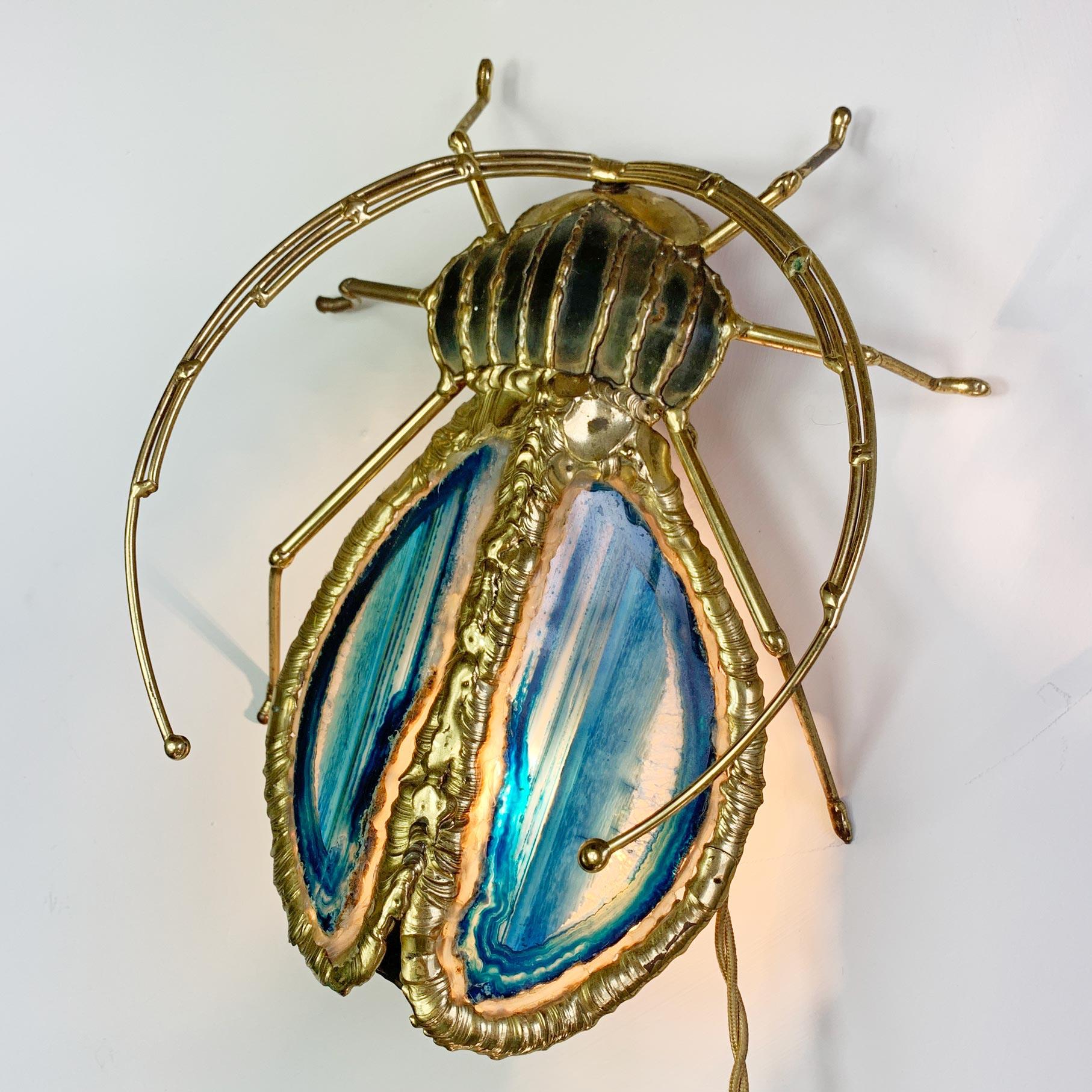 Henri Fernandez Gold and Blue Illuminated Sculpture of a Longhorn Beetle In Good Condition For Sale In Hastings, GB