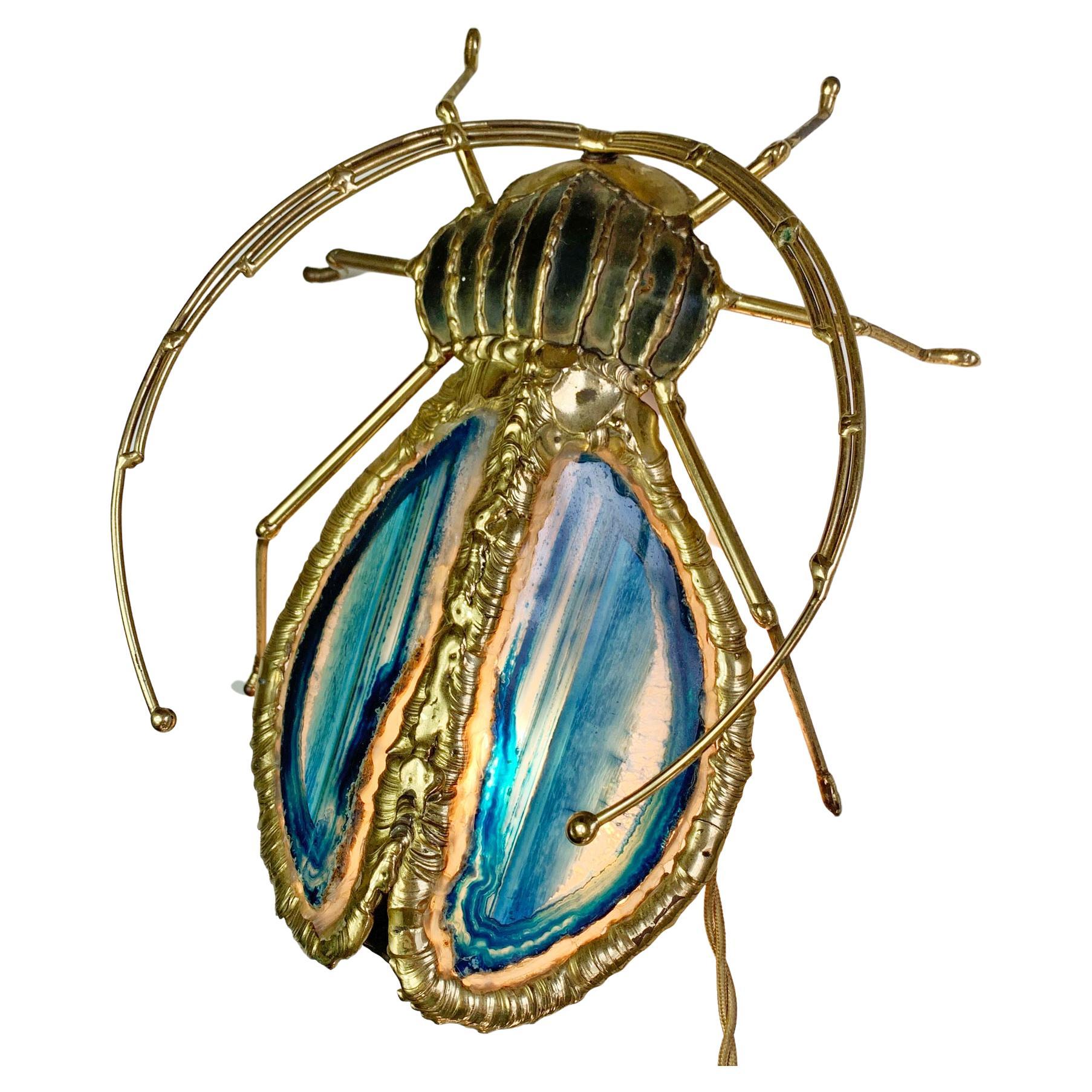 Henri Fernandez Gold and Blue Illuminated Sculpture of a Longhorn Beetle