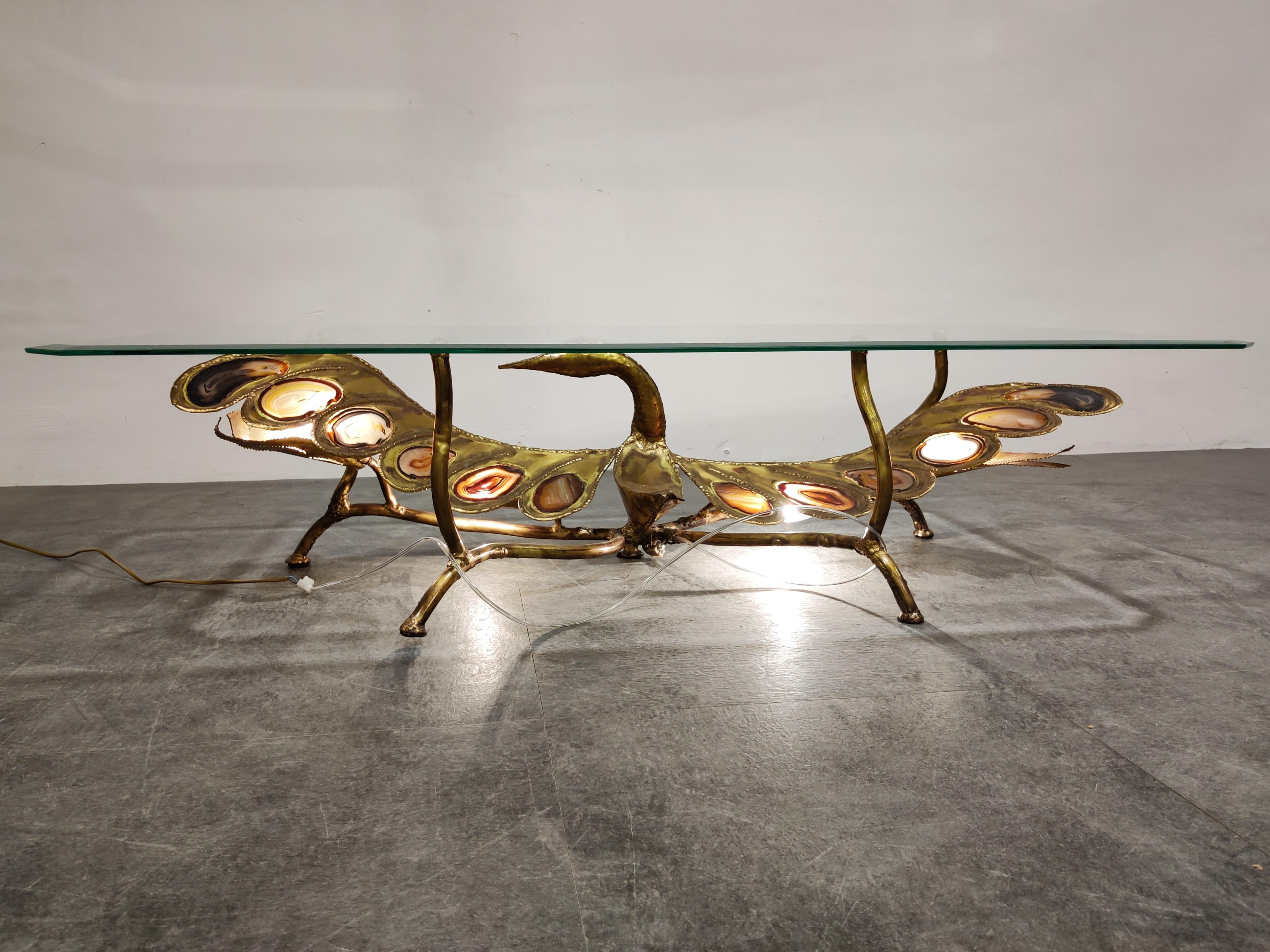 Henri Fernandez illuminating Sculptural Bird Coffee Table in Agate and Brass 4