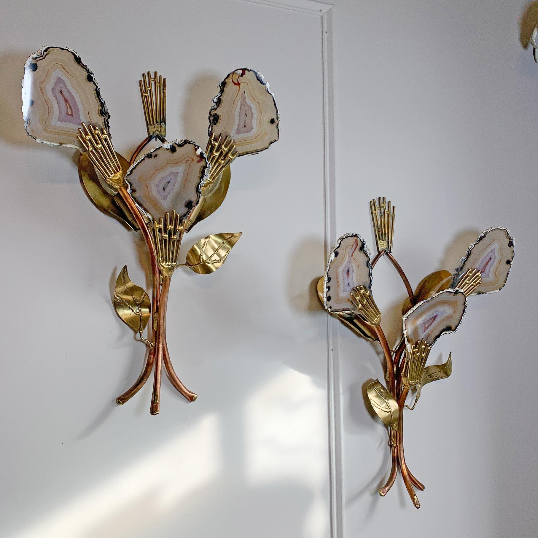 Henri Fernandez Signed Agate and Brass Wall Lights For Sale 7