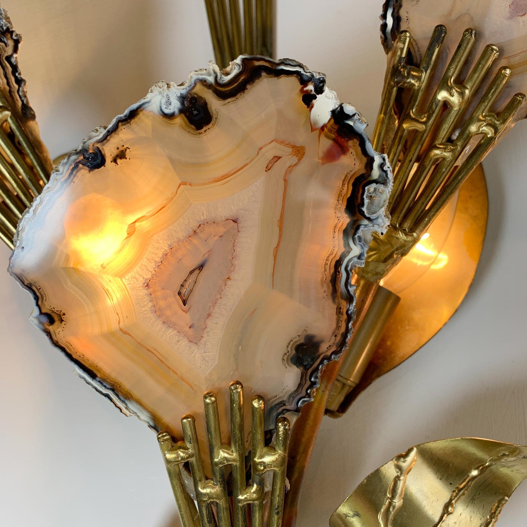 French Henri Fernandez Signed Agate and Brass Wall Lights For Sale