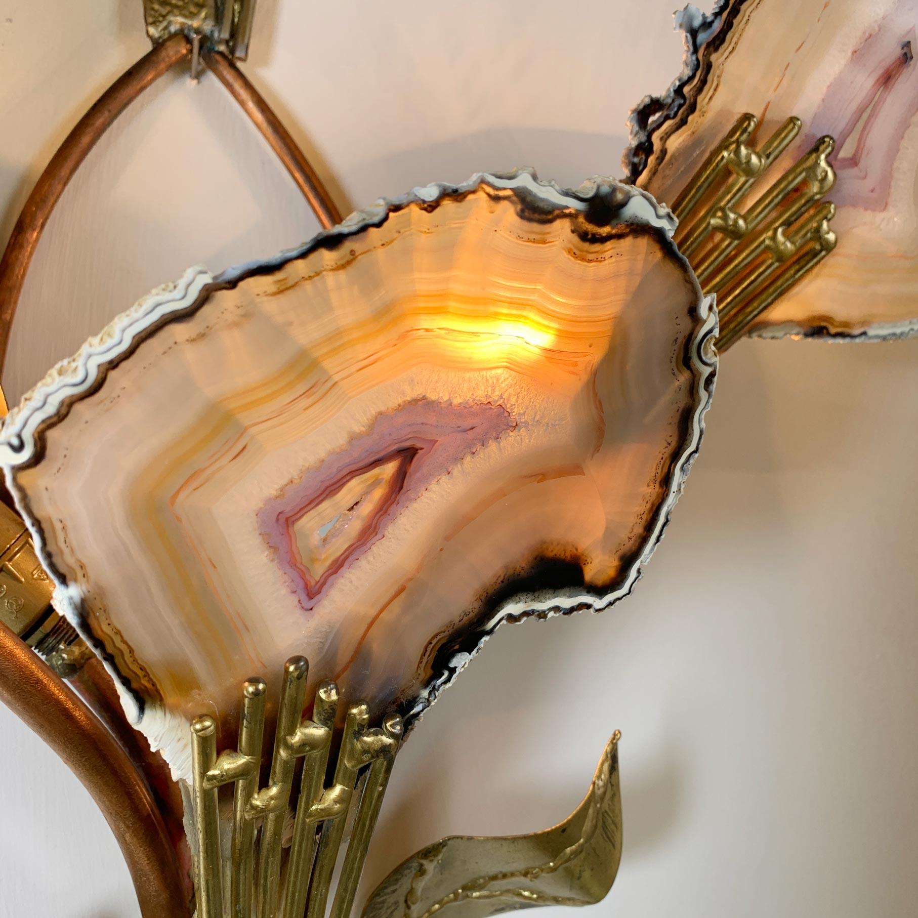 Late 20th Century Henri Fernandez Signed Agate and Brass Wall Lights For Sale