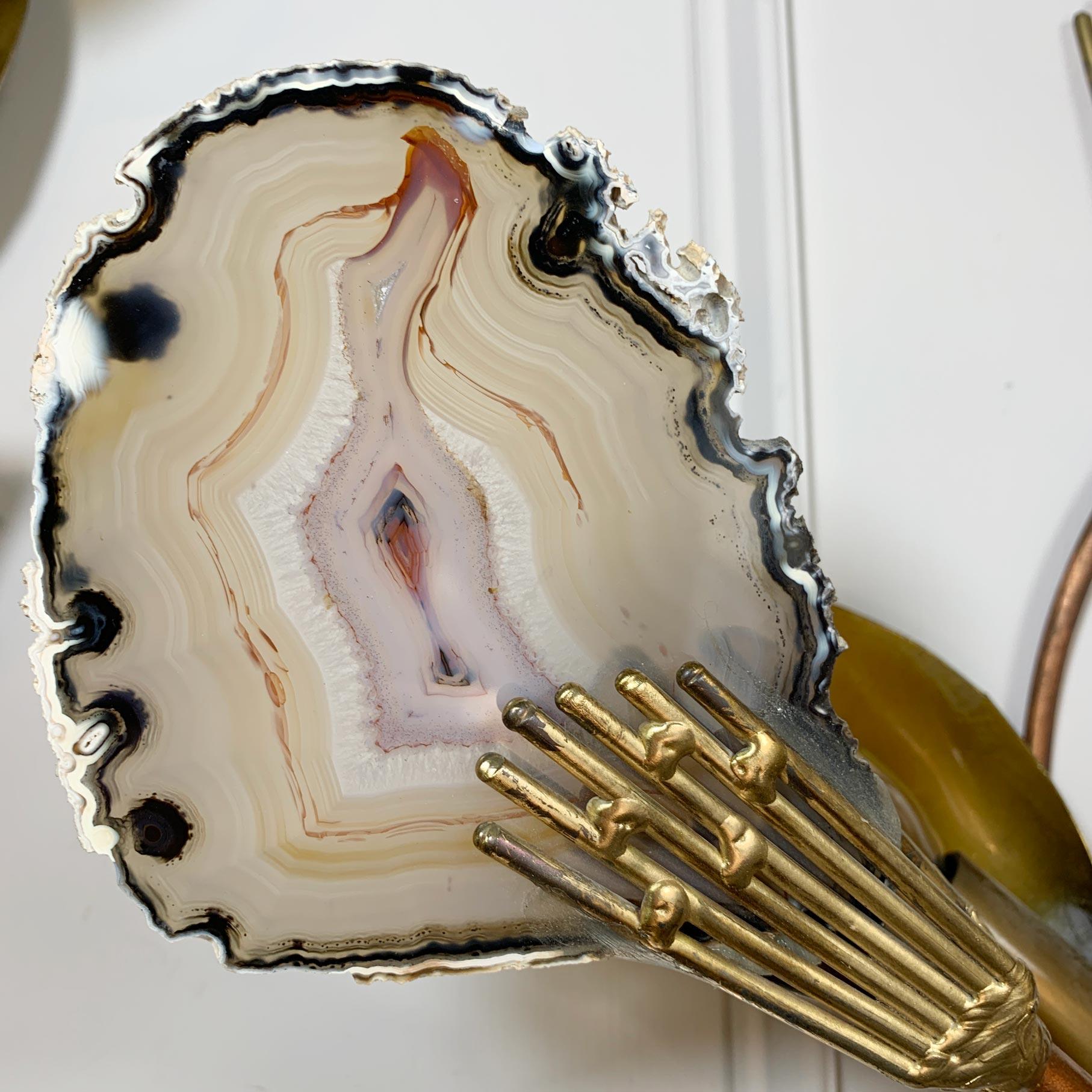Henri Fernandez Signed Agate and Brass Wall Lights For Sale 2