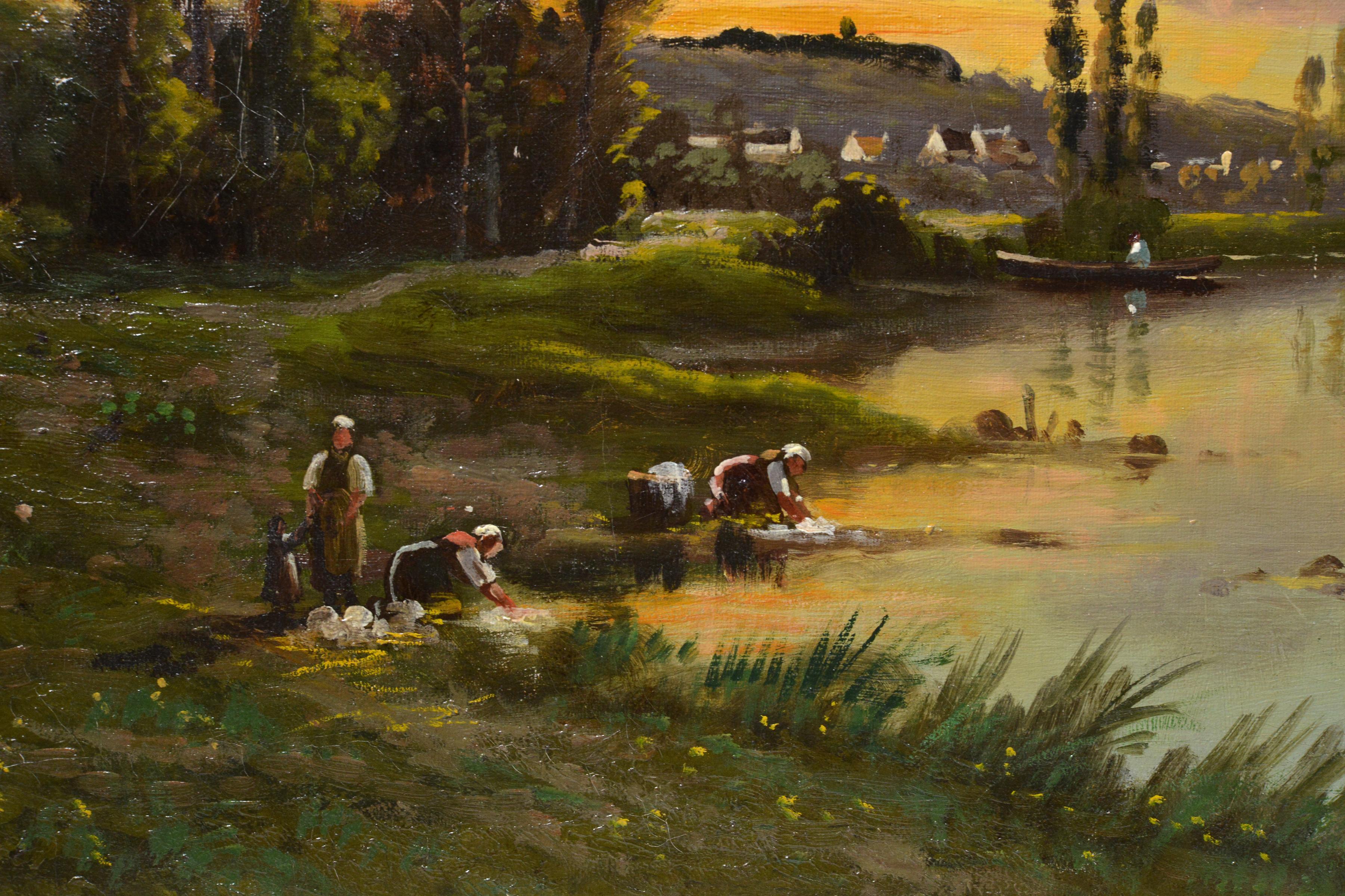 Peinture à l'huile de l'école de Barbizon signée Les blanchisseuses au coucher du soleil 19ème siècle - Painting de Henri François Perret