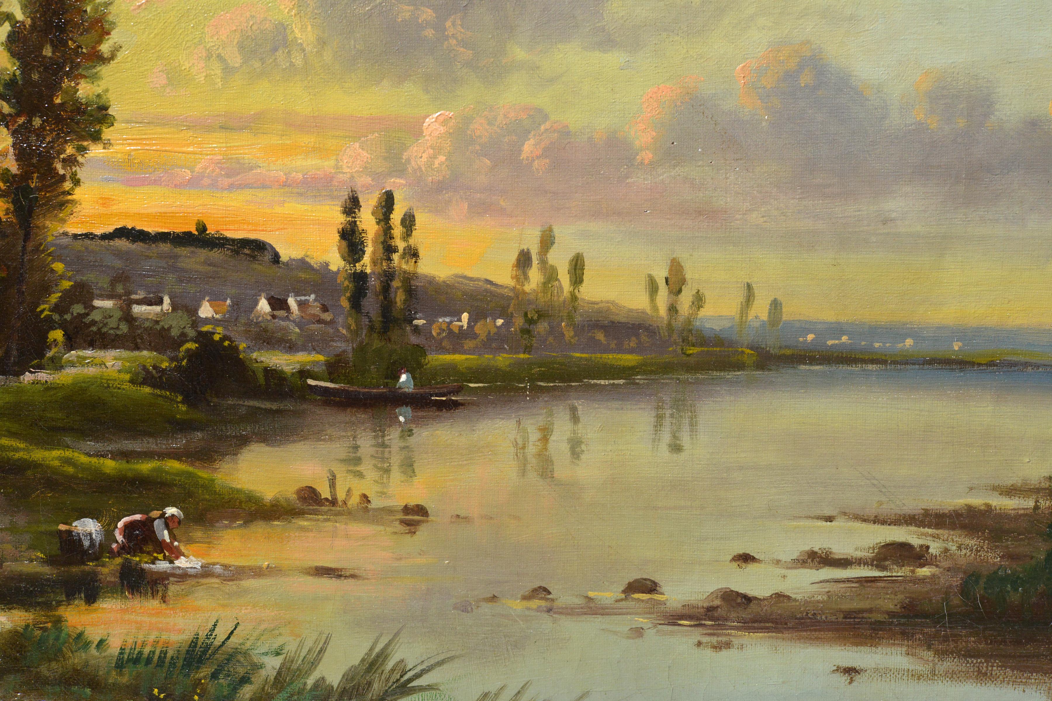 Peinture à l'huile de l'école de Barbizon signée Les blanchisseuses au coucher du soleil 19ème siècle - École de Barbizon Painting par Henri François Perret