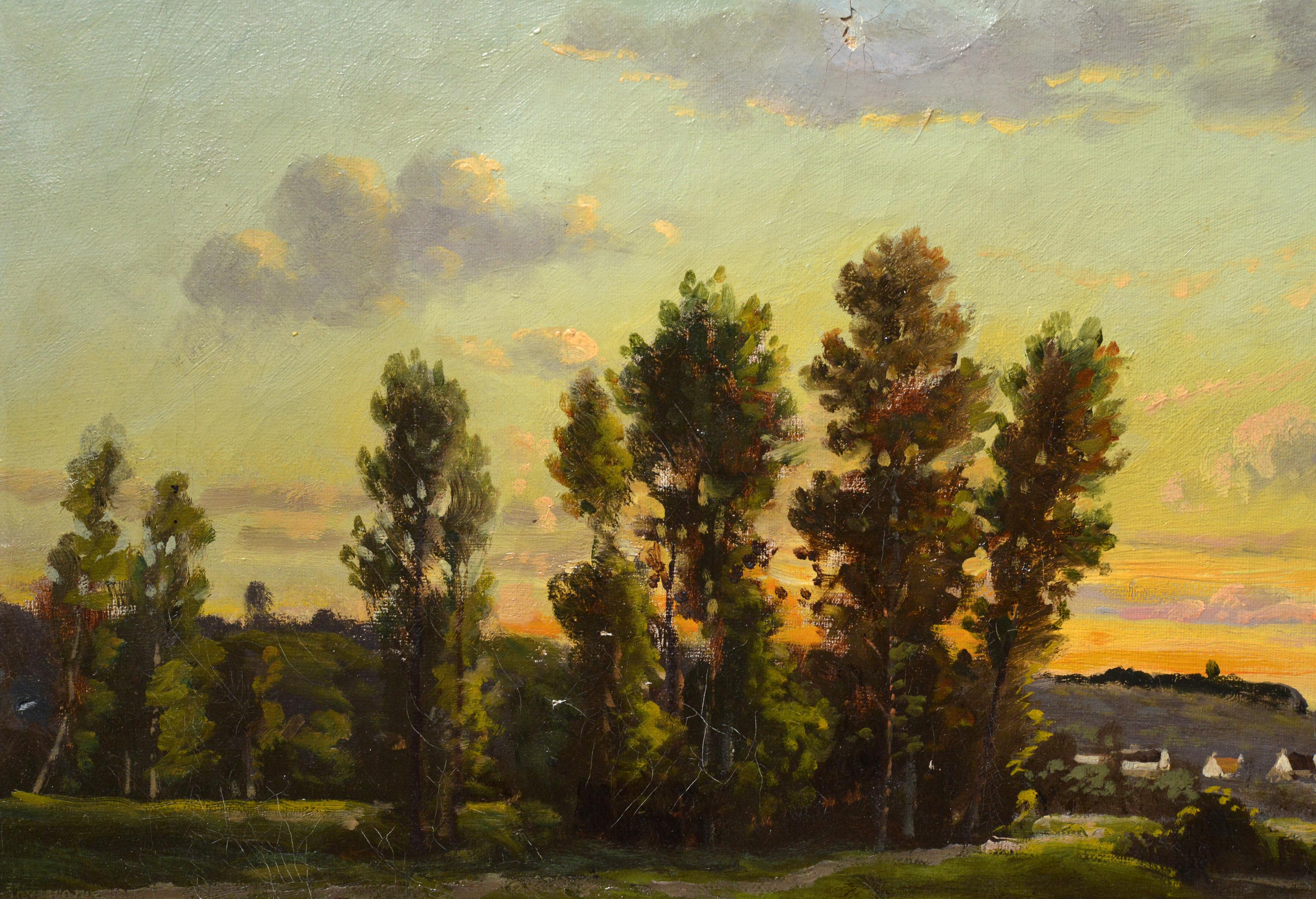 Peinture à l'huile de l'école de Barbizon signée Les blanchisseuses au coucher du soleil 19ème siècle - Marron Figurative Painting par Henri François Perret