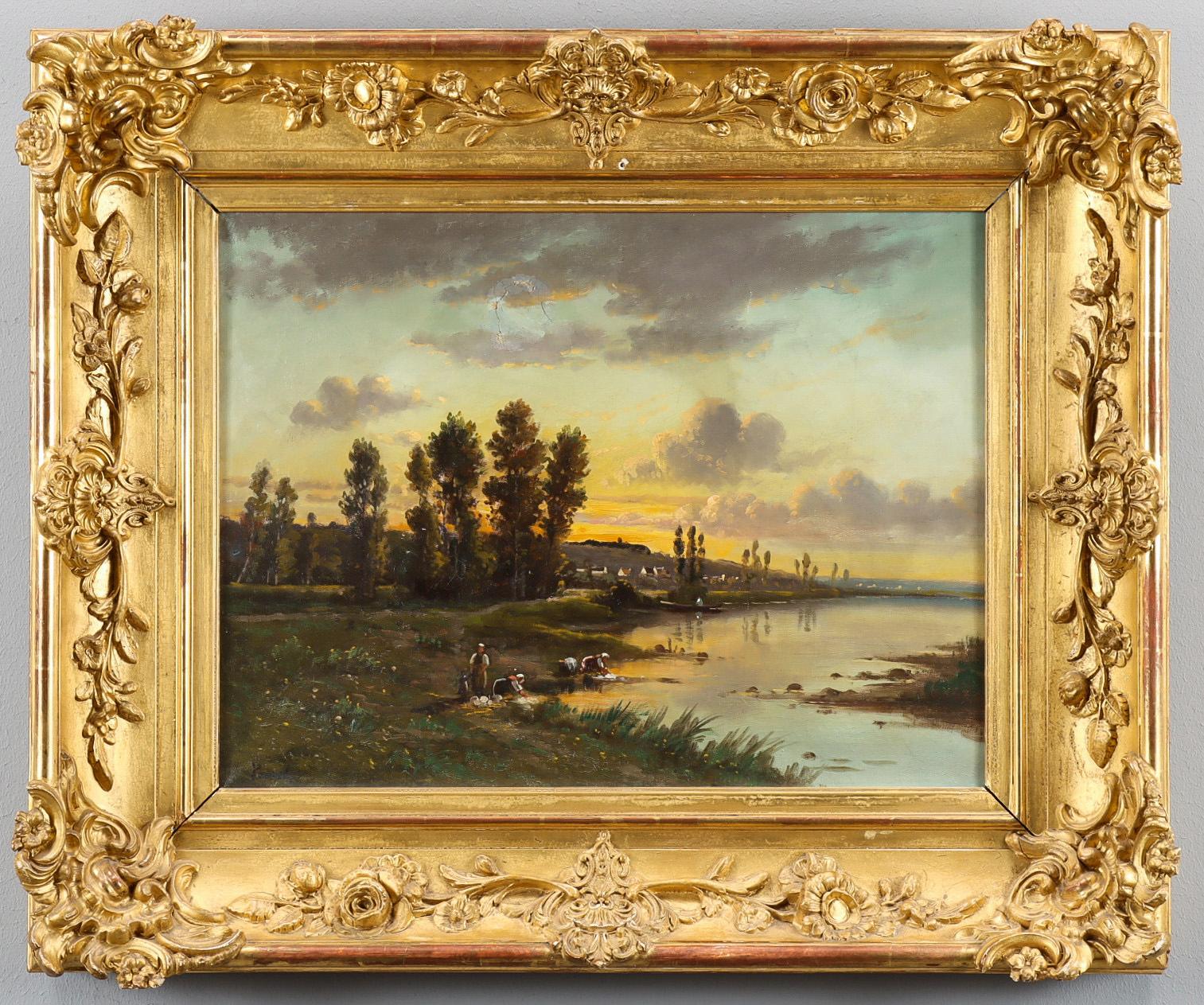 Peinture à l'huile de l'école de Barbizon signée Les blanchisseuses au coucher du soleil 19ème siècle en vente 3