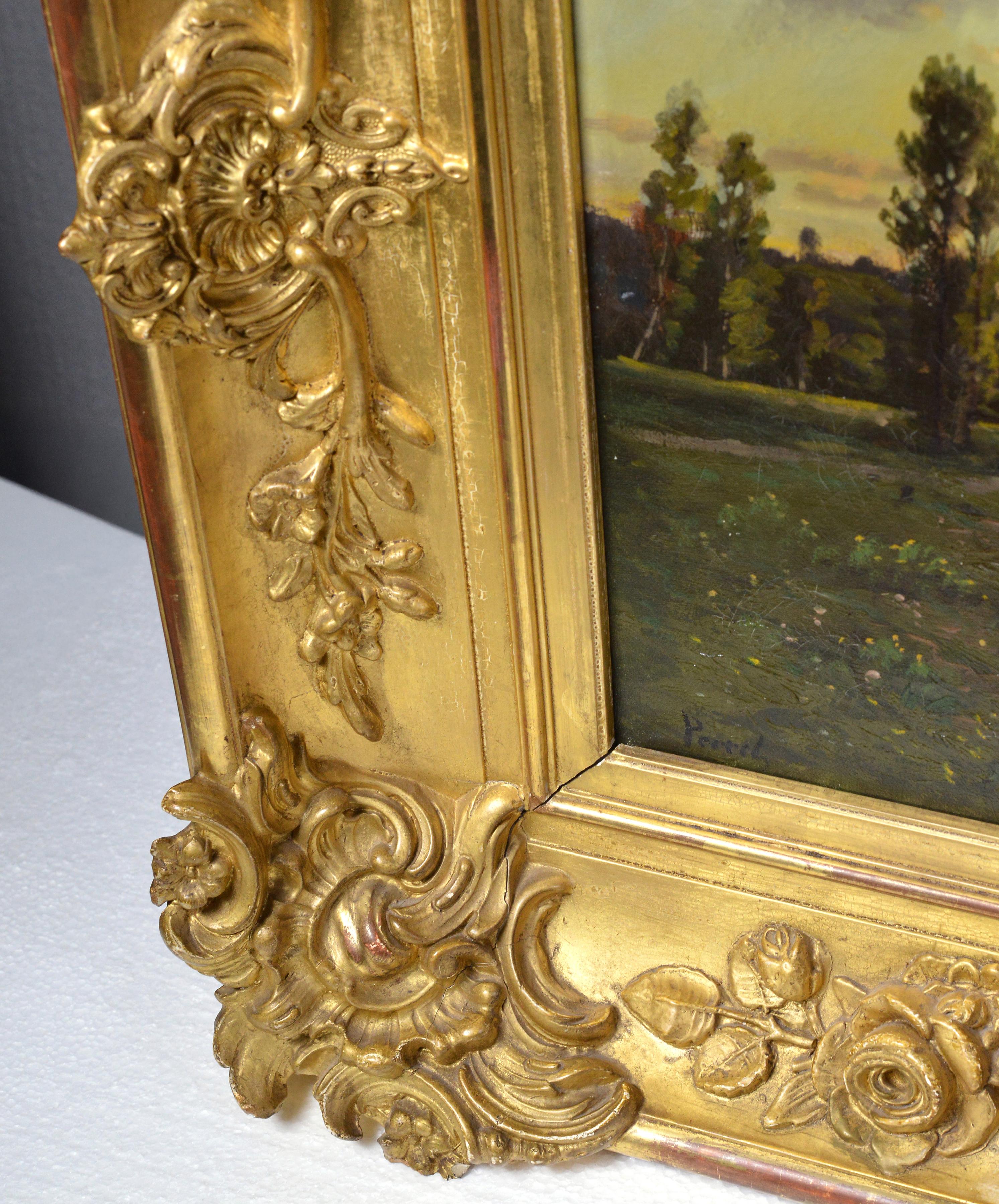 Peinture à l'huile de l'école de Barbizon signée Les blanchisseuses au coucher du soleil 19ème siècle en vente 4