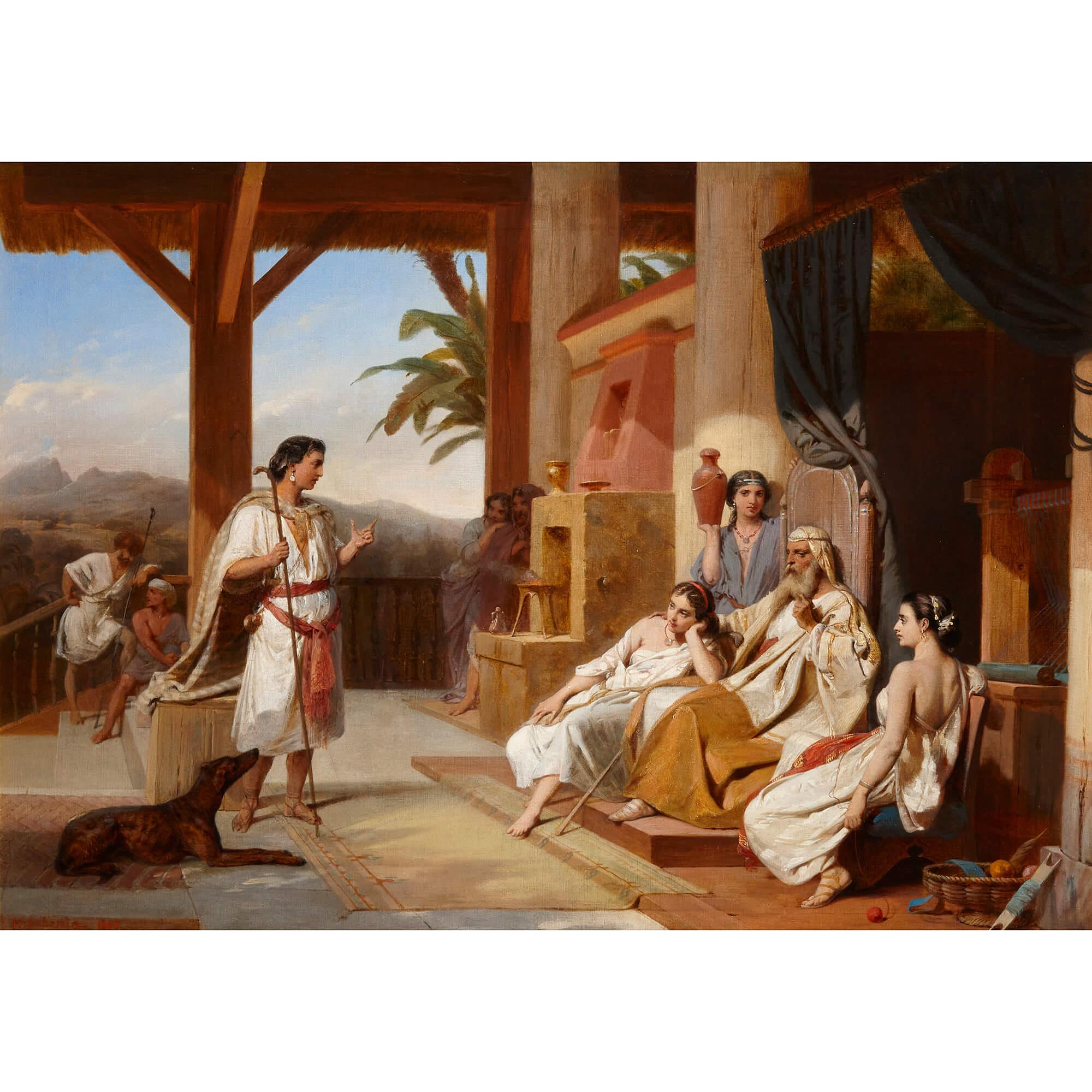 A large French Orientalist Biblical painting by H.F. Schopin
Oil-on-canvas, 1868
Frame: Height 72cm, width 95cm, depth 7cm
Canvas: Height 57cm, width 80cm

This wonderful Orientalist painting is by the French artist Henri Frédéric Schopin