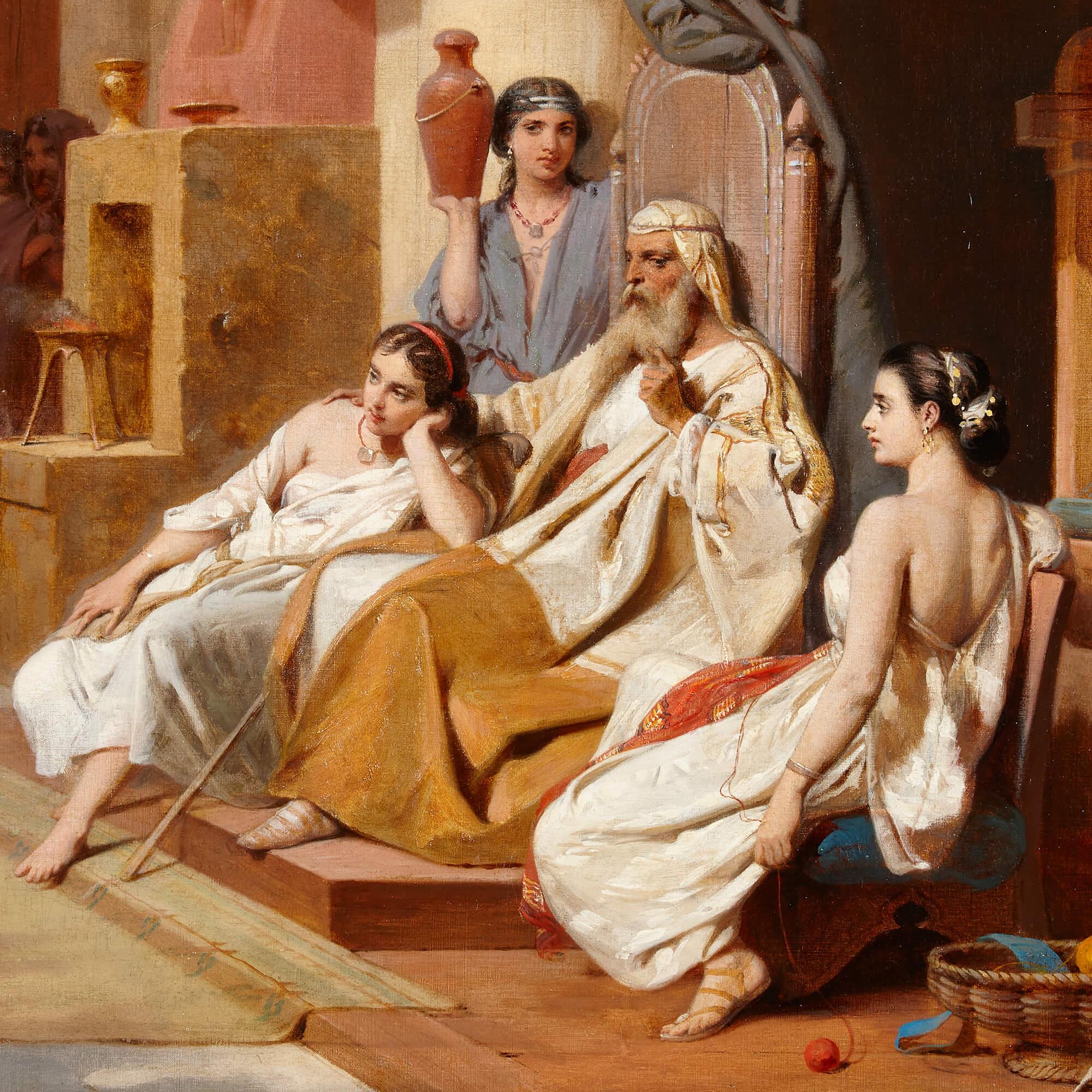 A large French Orientalist Biblical painting by H.F. Schopin
Oil-on-canvas, 1868
Frame: Height 72cm, width 95cm, depth 7cm
Canvas: Height 57cm, width 80cm

This wonderful Orientalist painting is by the French artist Henri Frédéric Schopin