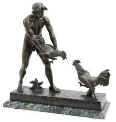 Henri Fugere (French, 1872-1944) Bronze Sculpture of Boy with Fighting Cocks