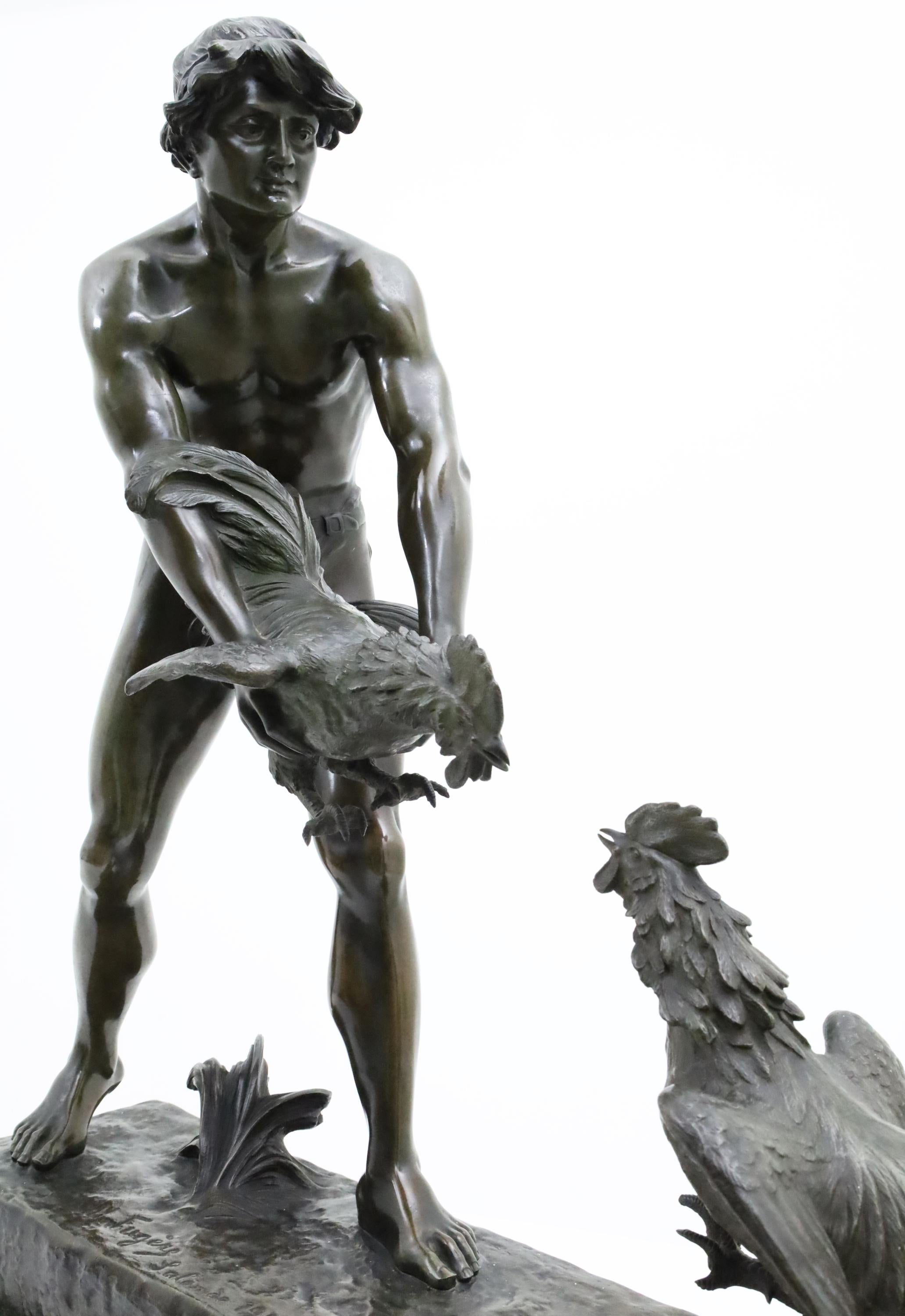 Francese Henri Fugere (francese, 1872-1944) Scultura in bronzo di ragazzo con galli da combattimento in vendita