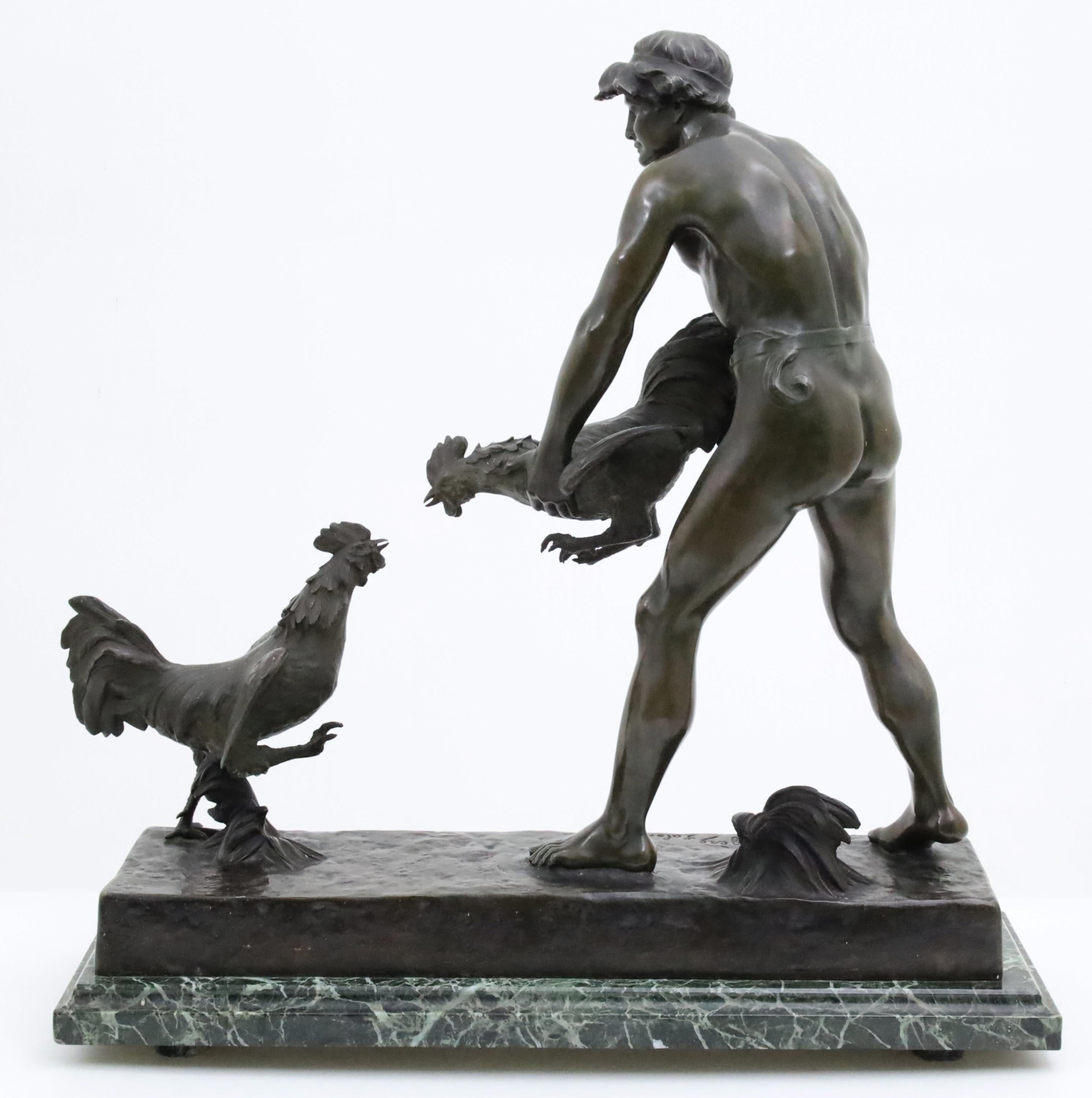 XX secolo Henri Fugere (francese, 1872-1944) Scultura in bronzo di ragazzo con galli da combattimento in vendita
