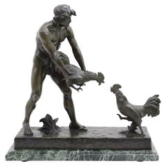Henri Fugere (French, 1872-1944) Bronze Sculpture of Boy with Fighting Cocks