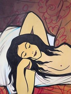 Huge 1980's French Modernist Signed Oil Painting Nude Model Man in Top Hat