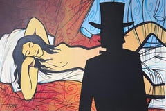 Huge 1980's French Modernist Signed Oil Painting Nude Model Man in Top Hat