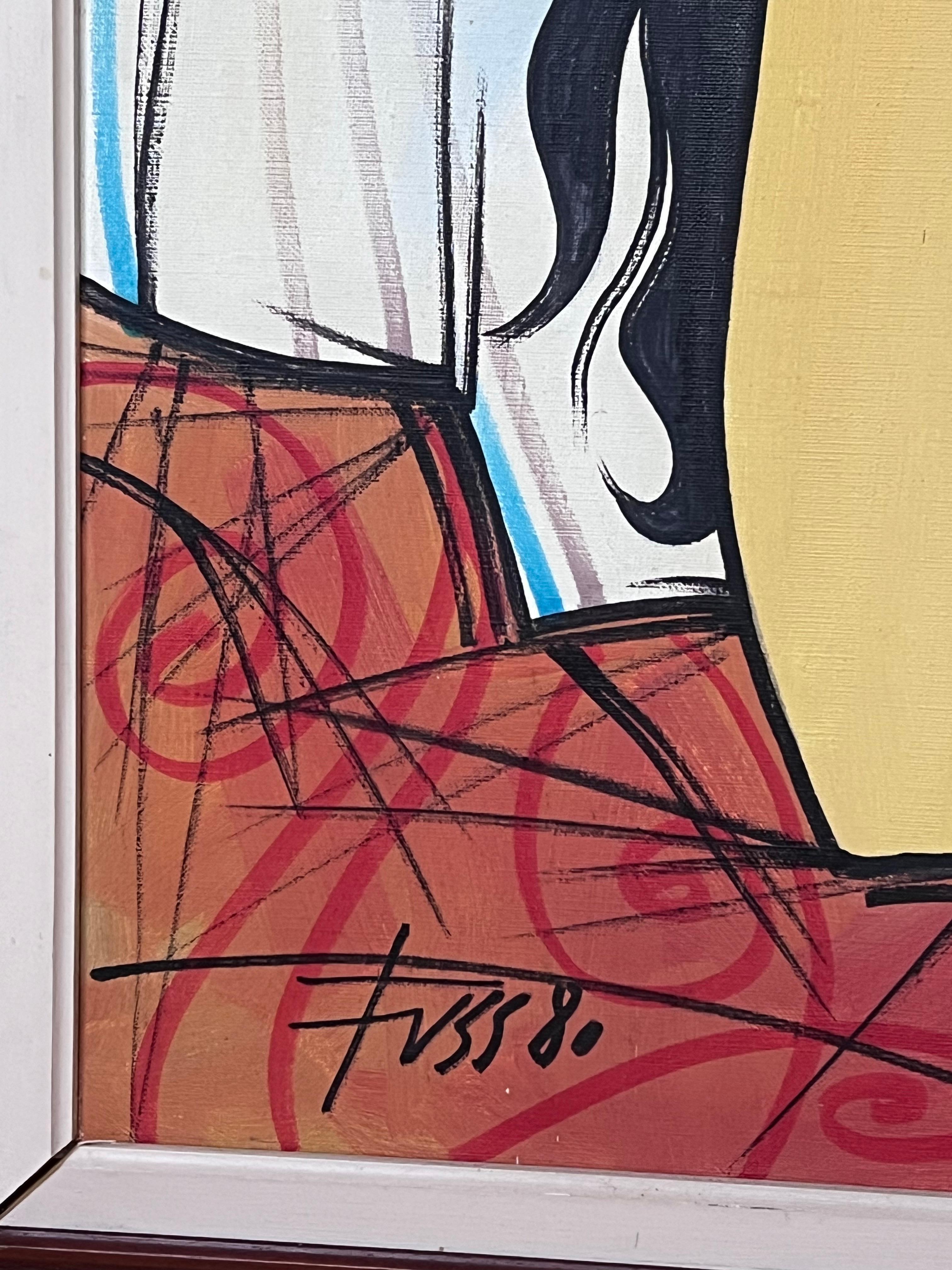 Huge 1980's French Modernist Signed Oil Painting Nude Model Man in Top Hat For Sale 1
