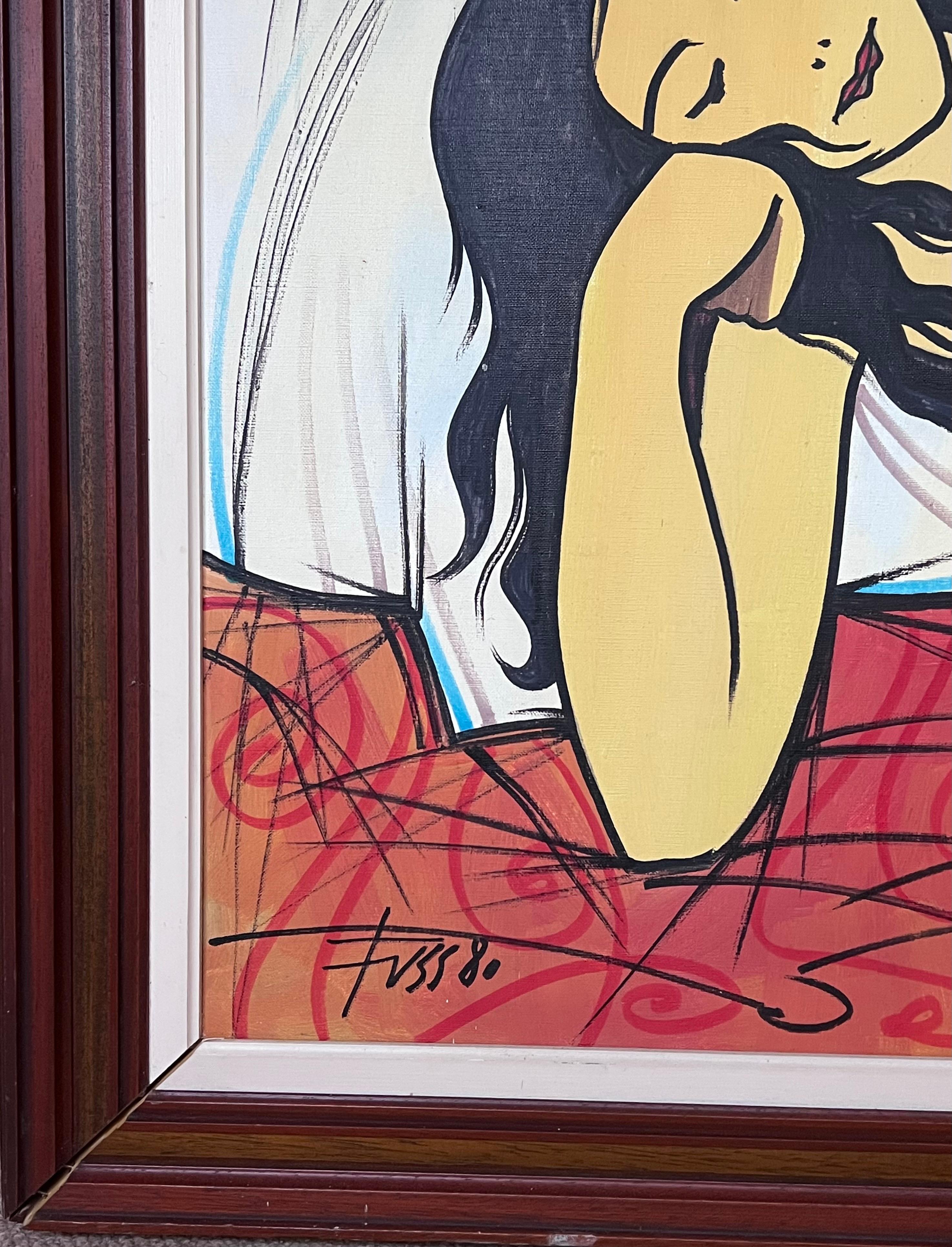 Huge 1980's French Modernist Signed Oil Painting Nude Model Man in Top Hat For Sale 2