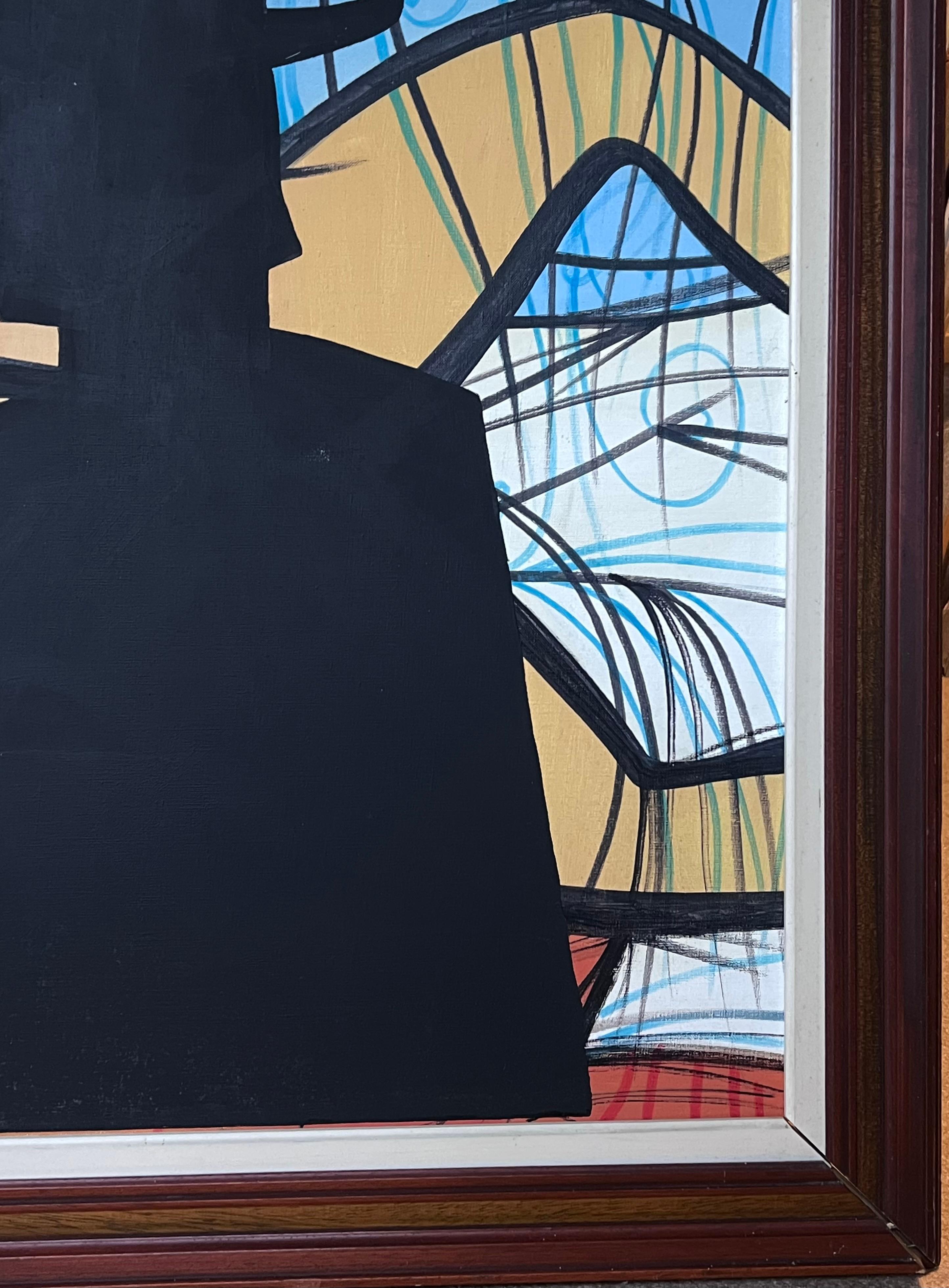 Huge 1980's French Modernist Signed Oil Painting Nude Model Man in Top Hat For Sale 4