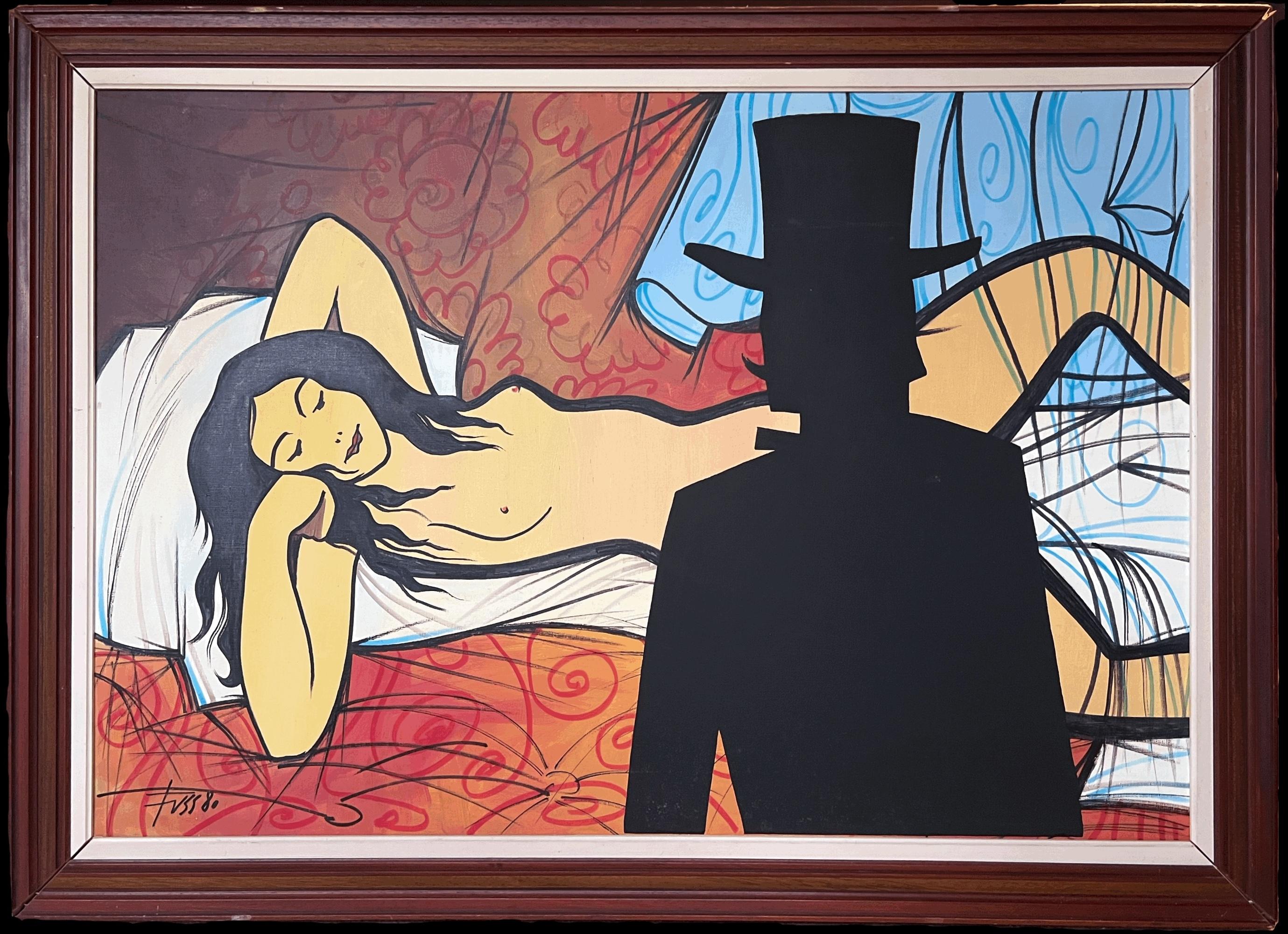 Henri Fuss Nude Painting - Huge 1980's French Modernist Signed Oil Painting Nude Model Man in Top Hat