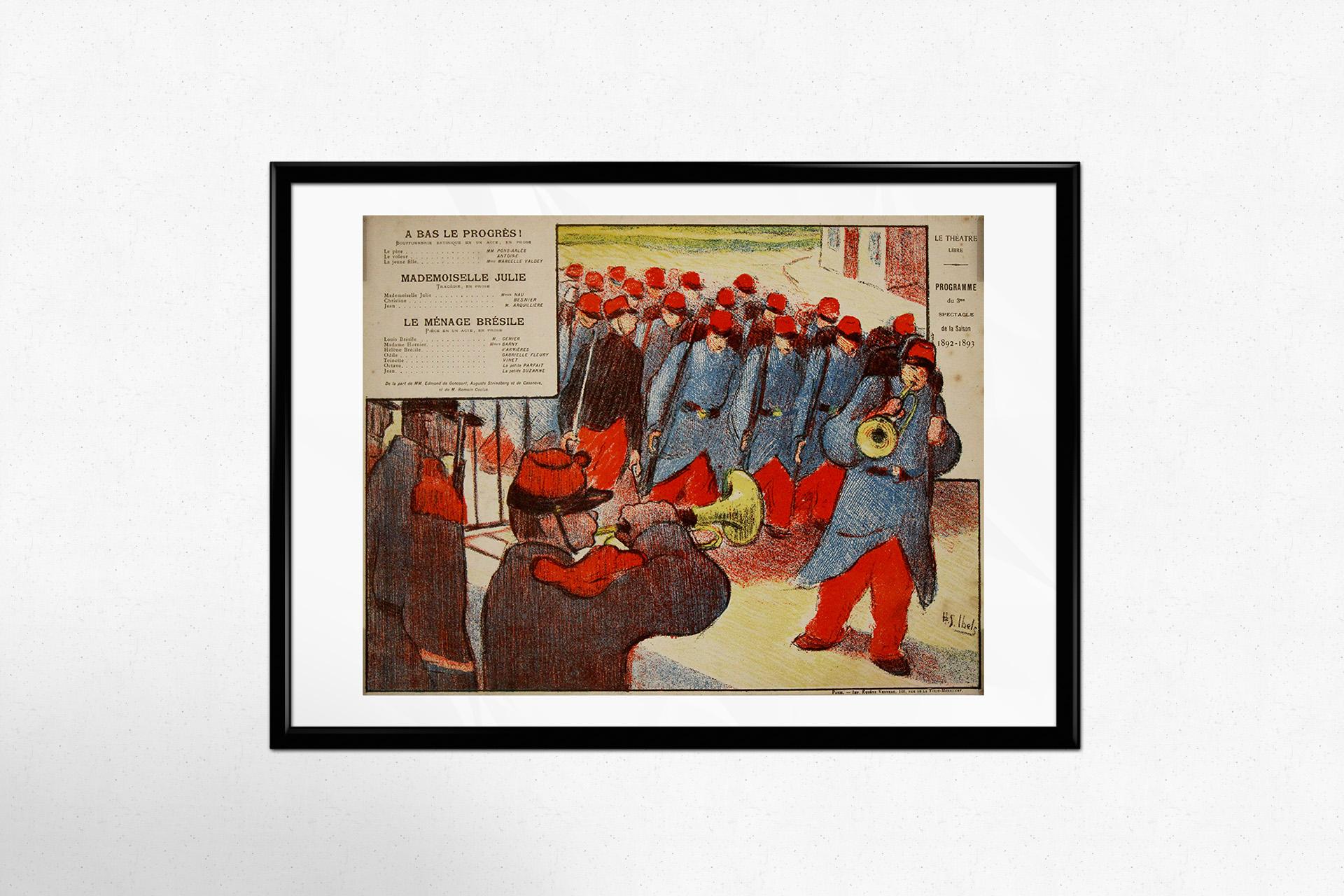 Questo straordinario programma illustrato di Henri Gabriel Ibels del 1892 rappresenta un raro reperto dell'epoca d'oro de Le Théâtre Libre, il pionieristico teatro indipendente guidato da André Antoine a Parigi. Creato per accompagnare un triplo