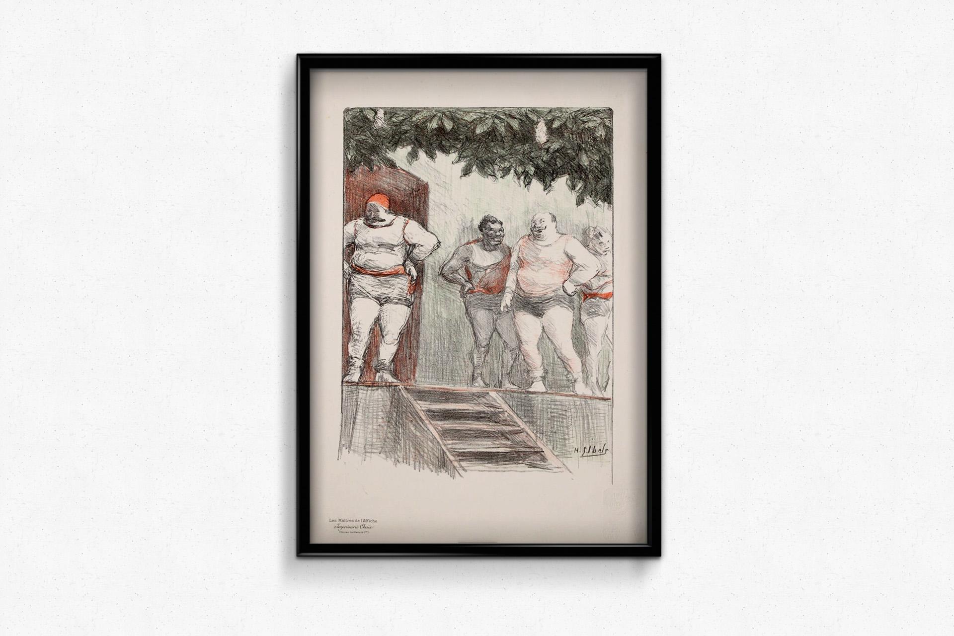 Issued in 1898 as the third supplement to Les Maîtres de l’Affiche, Les Lutteurs captures a backstage moment with a group of wrestlers waiting to enter the ring. Ibels arranges the bulky figures on a raised platform beside a short flight of steps,
