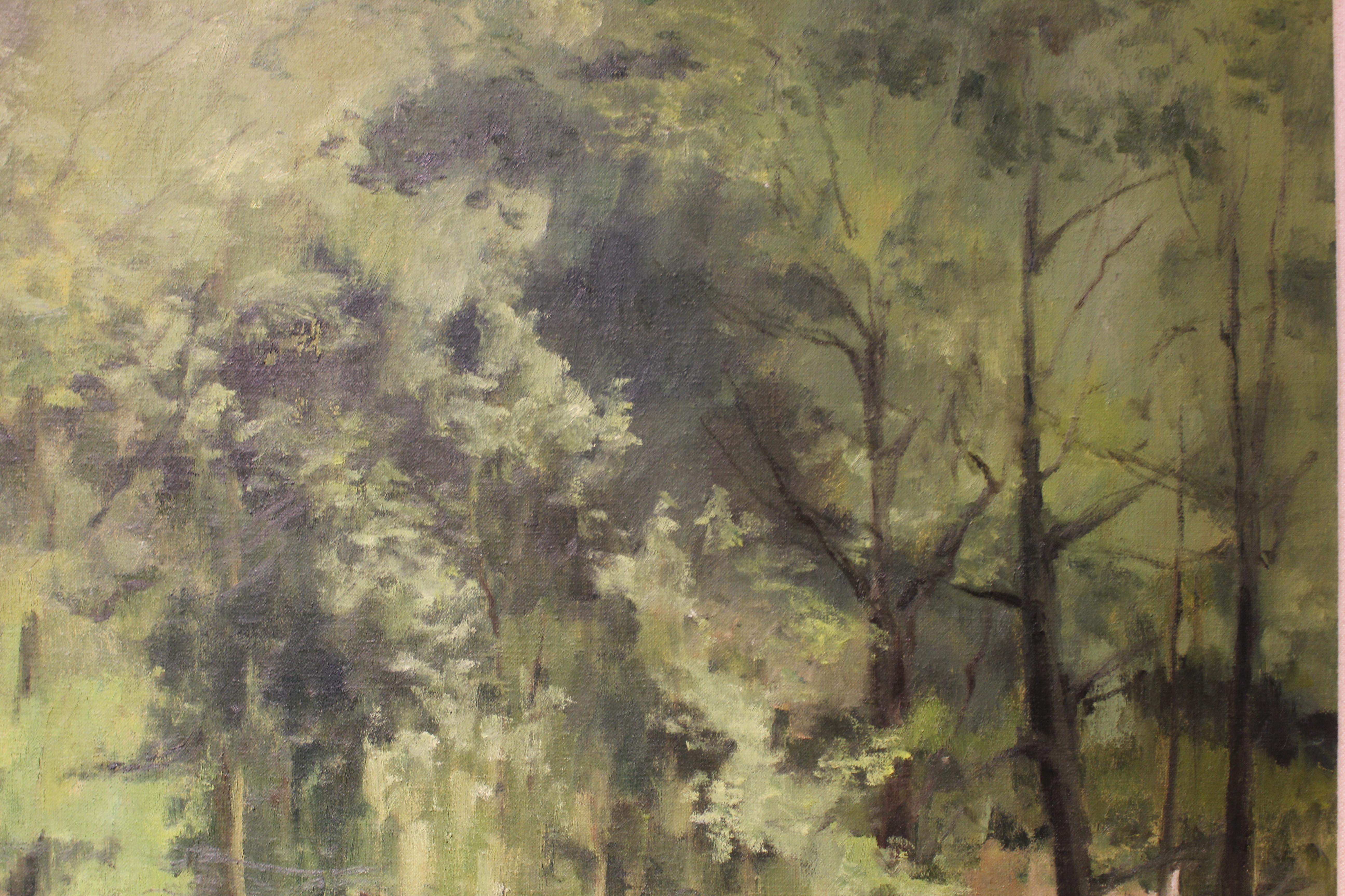 Painting of trees with a quiet river entitled 