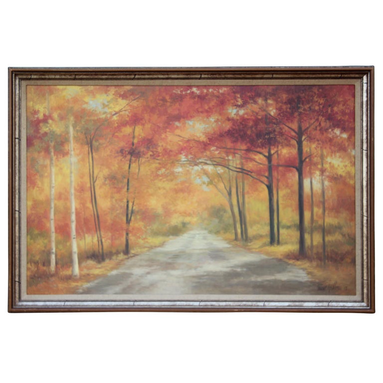 Yellow trees walkway path oil painting Framed Abstract Canvas Print Wall Art 161