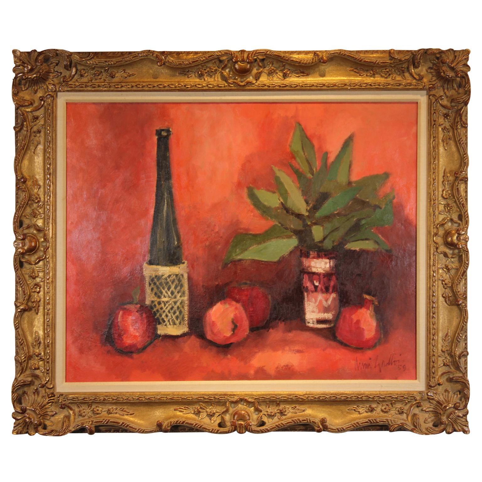 Henri Gadbois Still-Life Painting – Still Life with Wine Bottle, Apples and Aspidistra