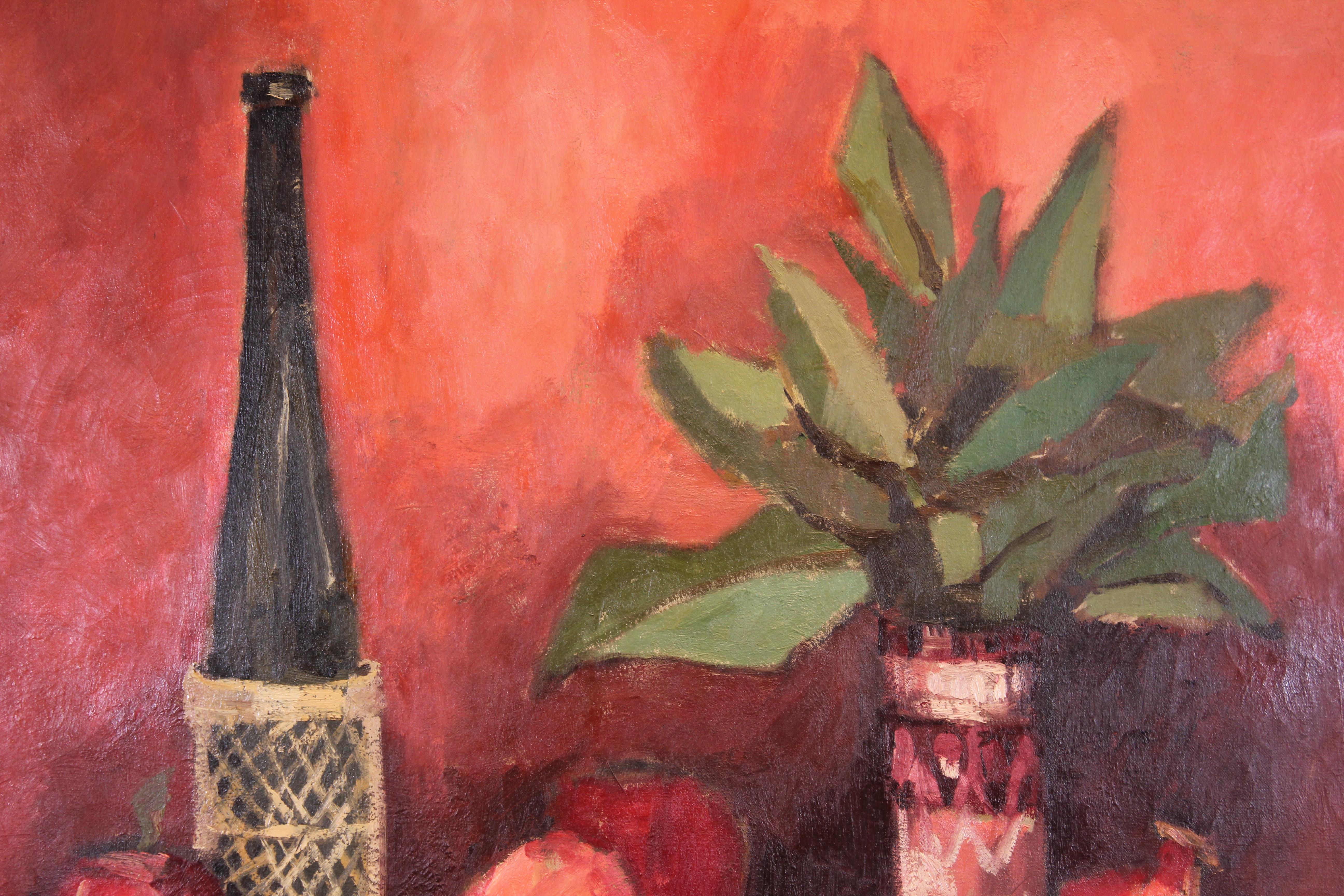 Still Life with Wine Bottle, Apples and Aspidistra (Pink), Still-Life Painting, von Henri Gadbois