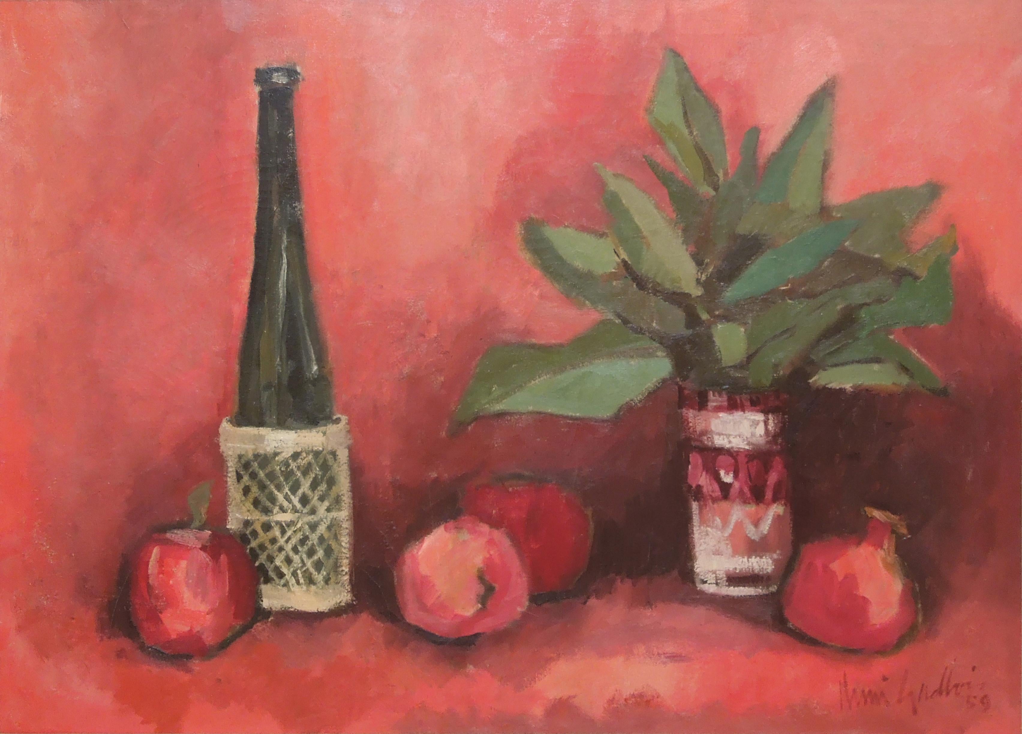 Still Life with Wine Bottle, Apples and Aspidistra – Painting von Henri Gadbois
