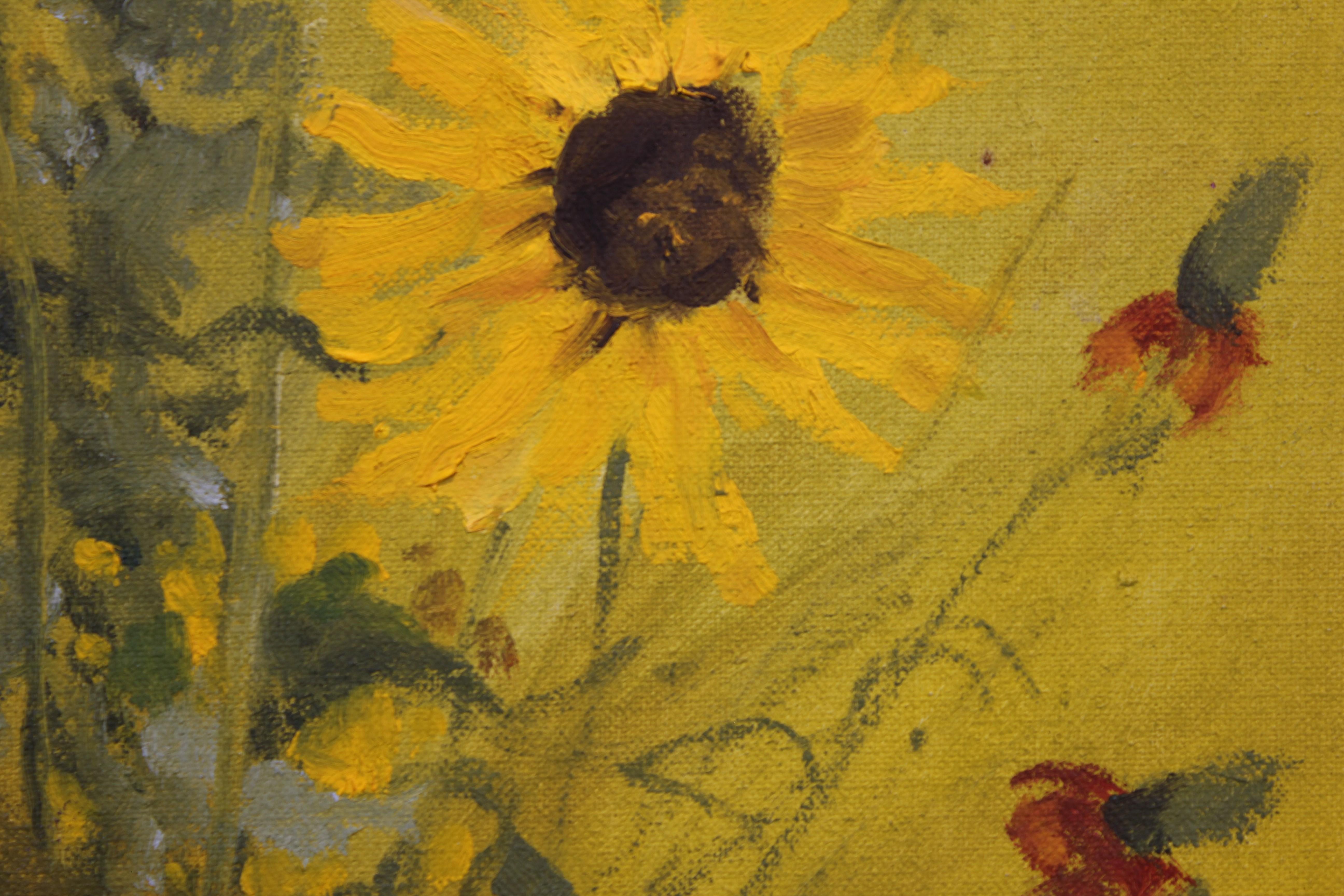 Sunflowers with Texas Wildflowers Floral Still Life - American Impressionist Painting by Henri Gadbois
