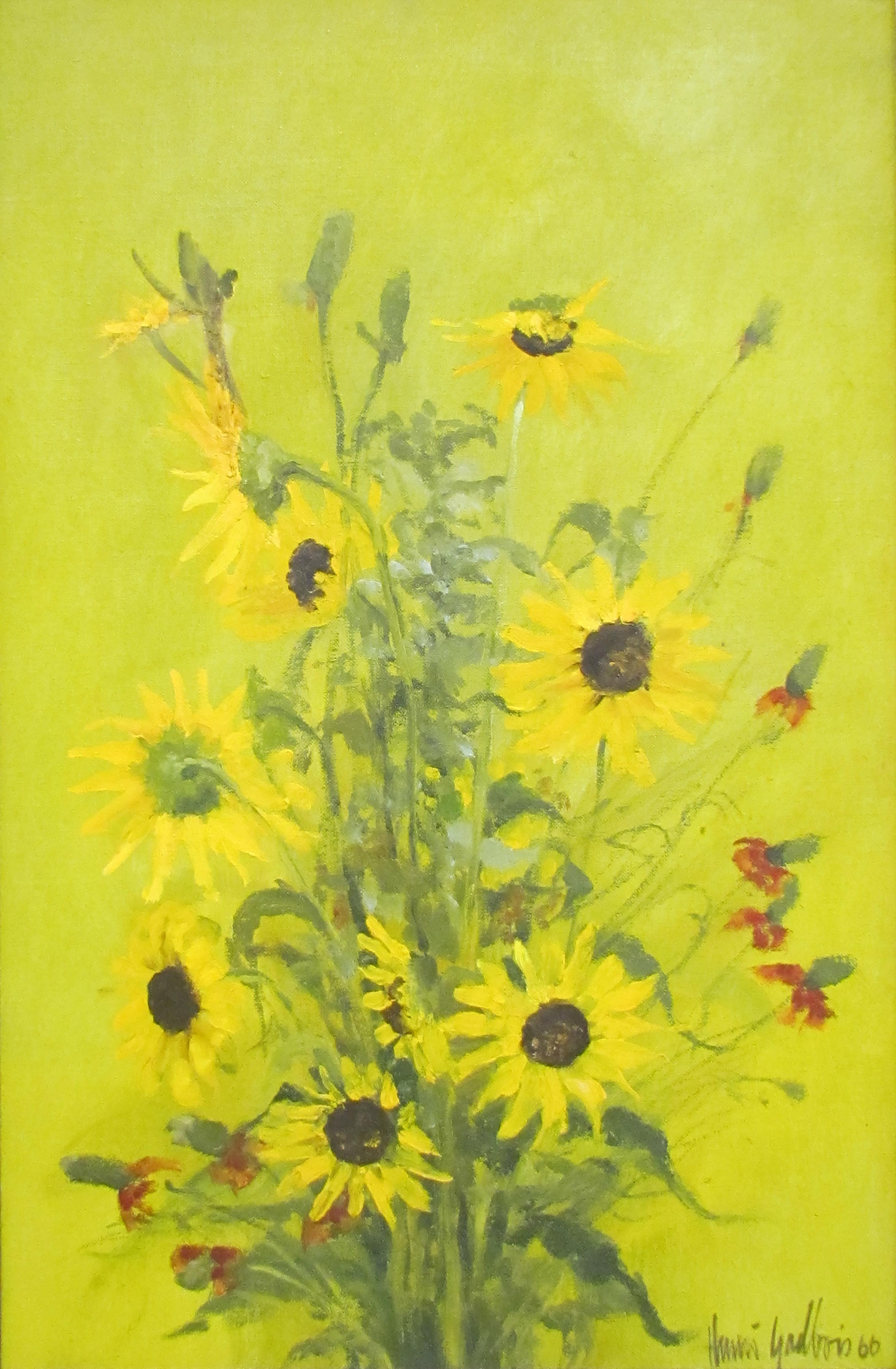 Sunflowers with Texas Wildflowers Floral Still Life - Painting by Henri Gadbois