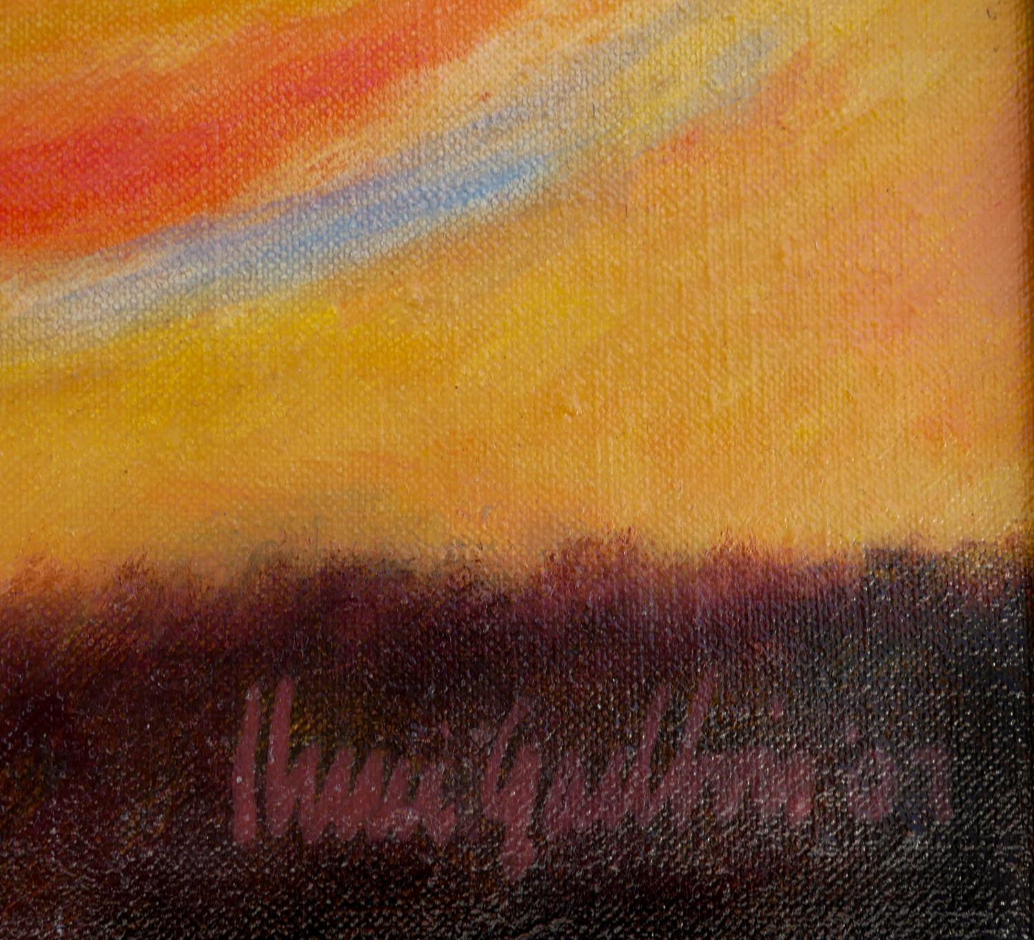 Abstrakt-expressionistische Sonnenuntergang-Landschaft in Blau, Orange und Gelb im Angebot 6