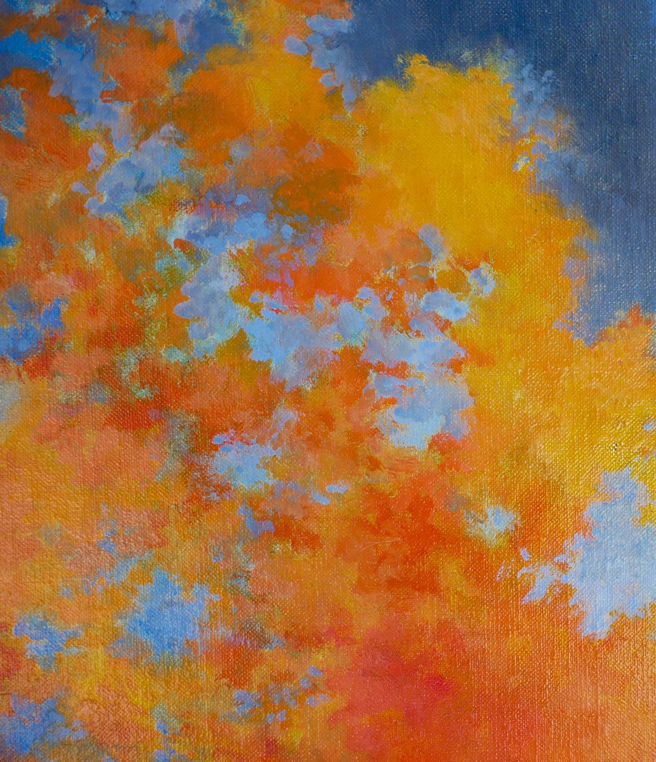 Abstrakt-expressionistische Sonnenuntergang-Landschaft in Blau, Orange und Gelb im Angebot 8