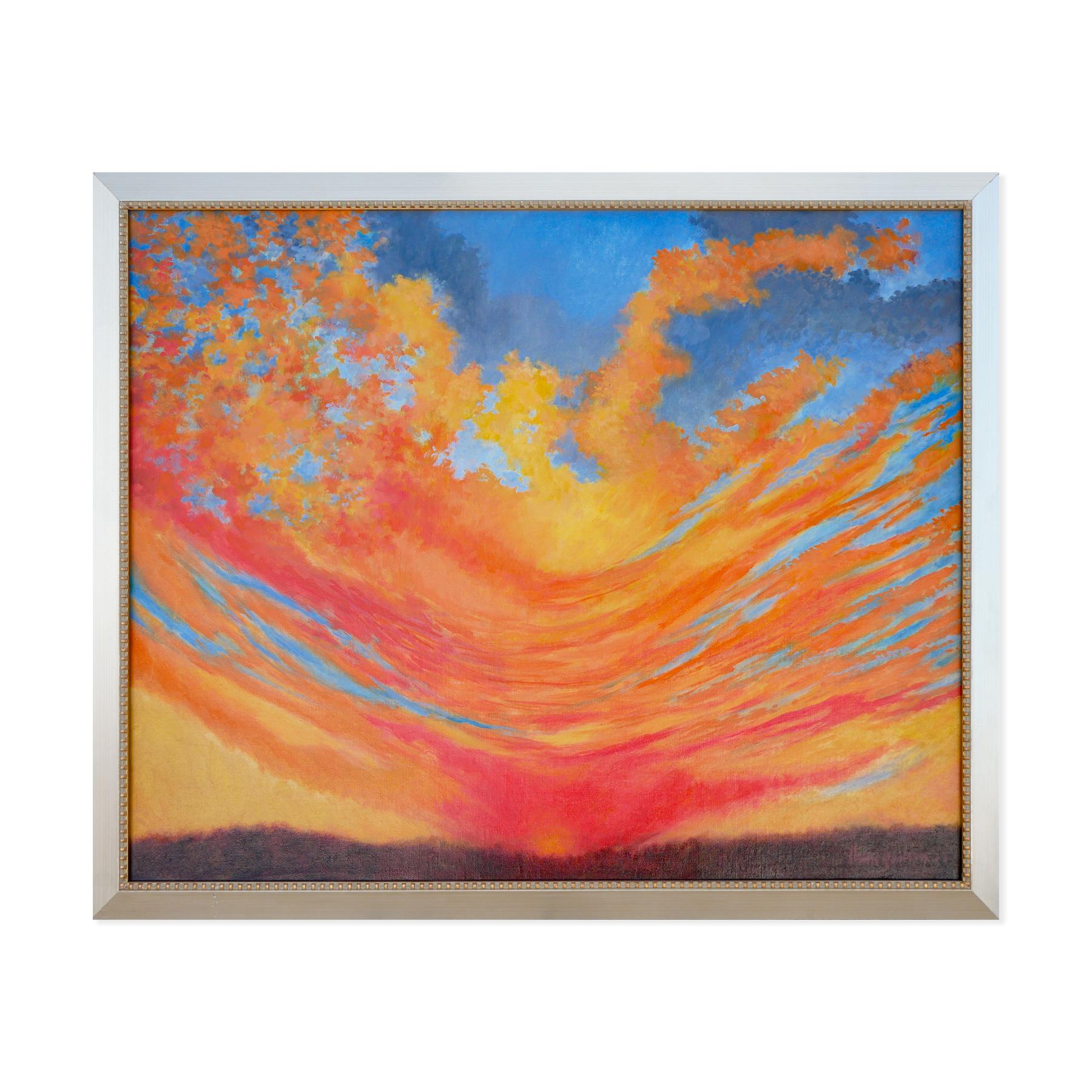 Paesaggio al tramonto espressionista astratto blu, arancione e giallo - Print di Henri Gadbois