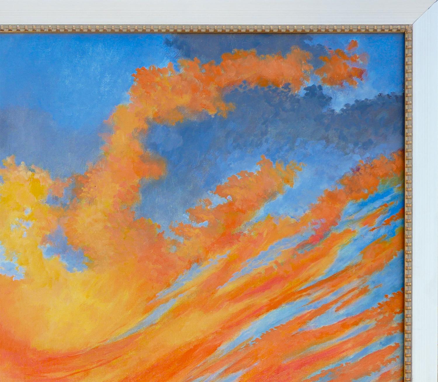 Blaue, orange und gelbe abstrakte impressionistische Landschaft des Künstlers Henri Gadbois aus Houston, TX. Das Gemälde zeigt einen Sonnenuntergang mit blauem und orangefarbenem Himmel in einer Gebirgslandschaft. Signiert vom Künstler in der