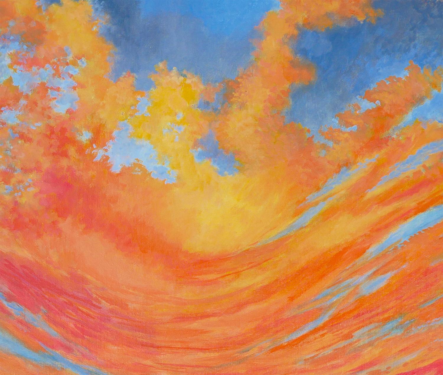 Abstrakt-expressionistische Sonnenuntergang-Landschaft in Blau, Orange und Gelb im Angebot 3