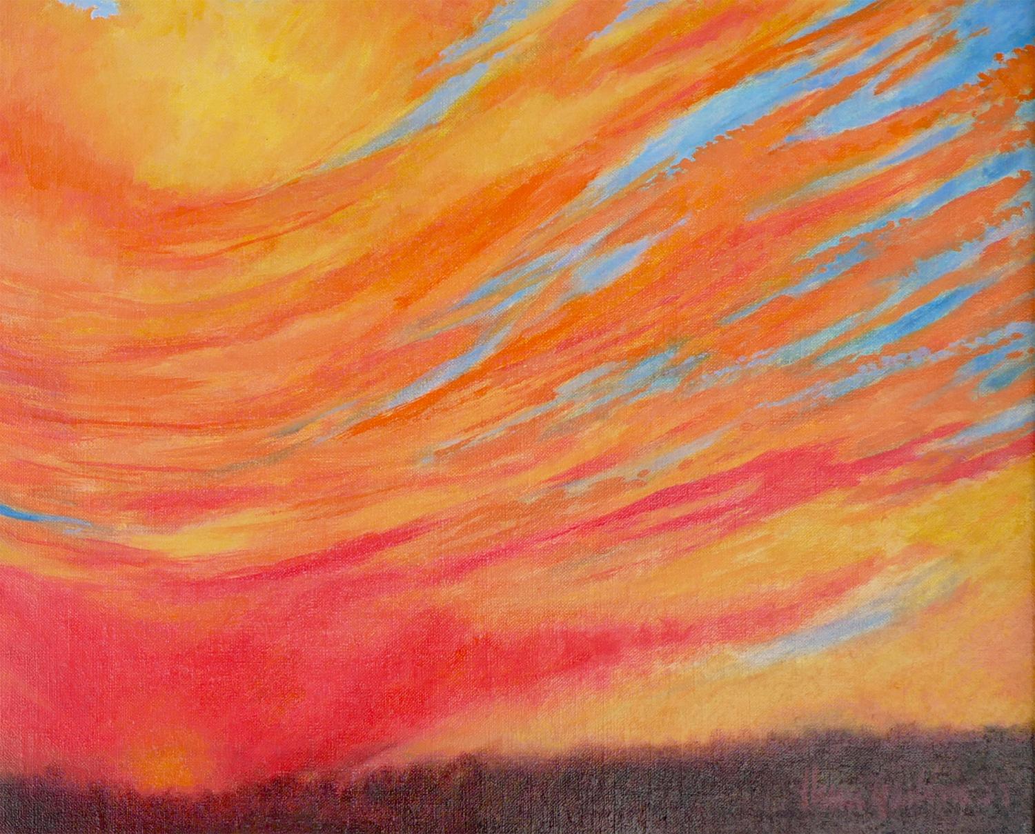 Abstrakt-expressionistische Sonnenuntergang-Landschaft in Blau, Orange und Gelb im Angebot 5