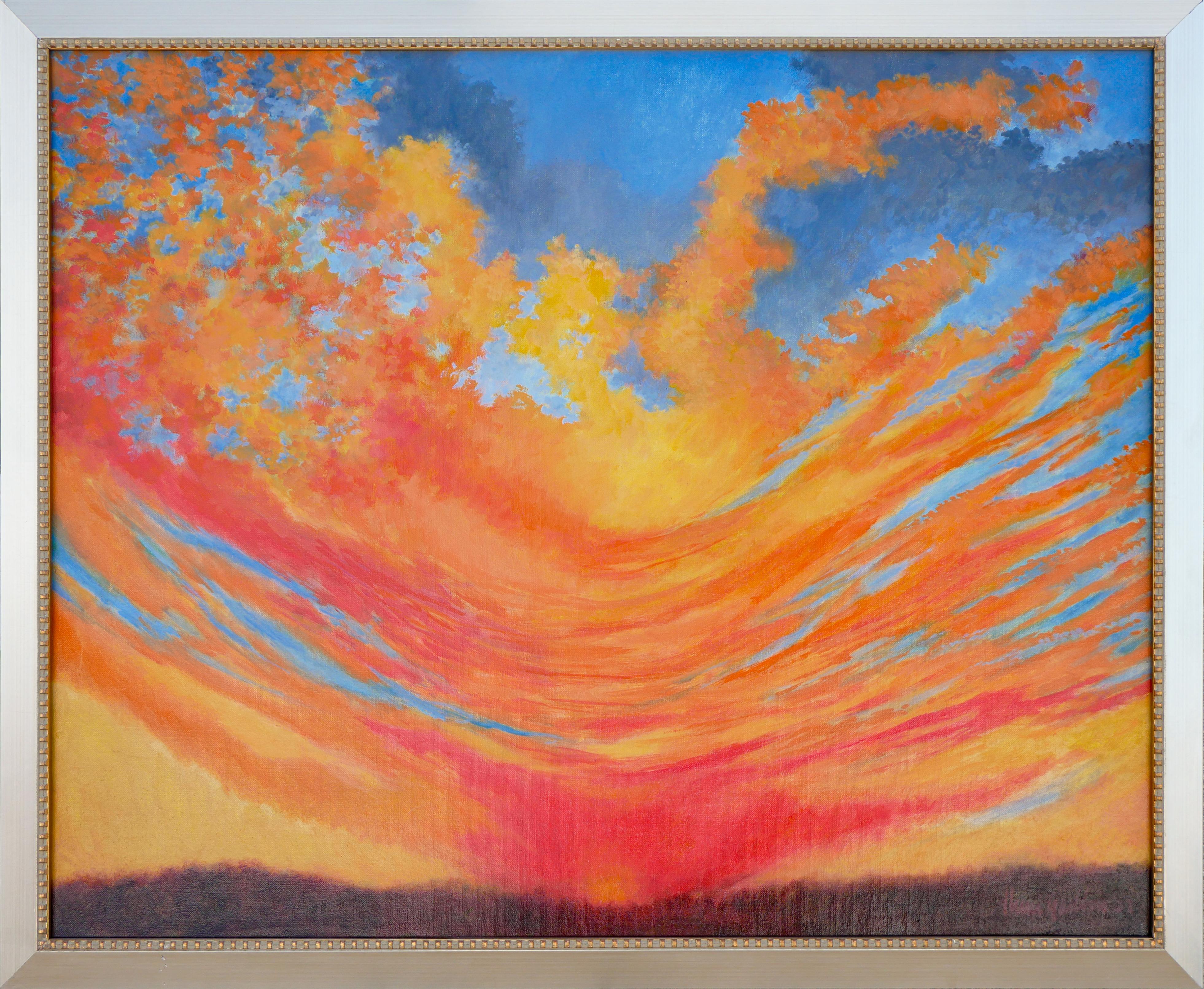 Abstrakt-expressionistische Sonnenuntergang-Landschaft in Blau, Orange und Gelb