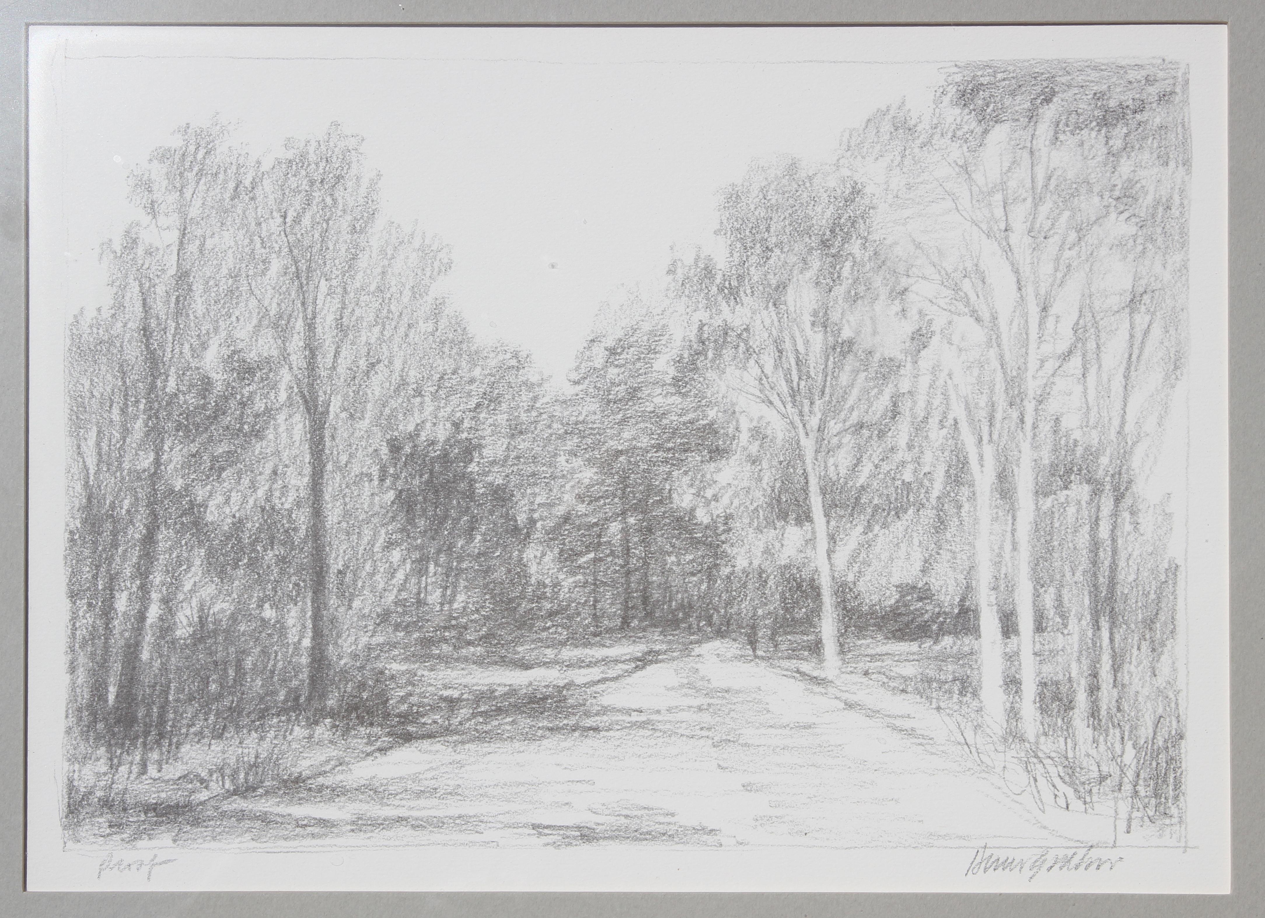 Impression photo d'un dessin abstrait au crayon sur un chemin de la forêt grise naturaliste  - Print de Henri Gadbois