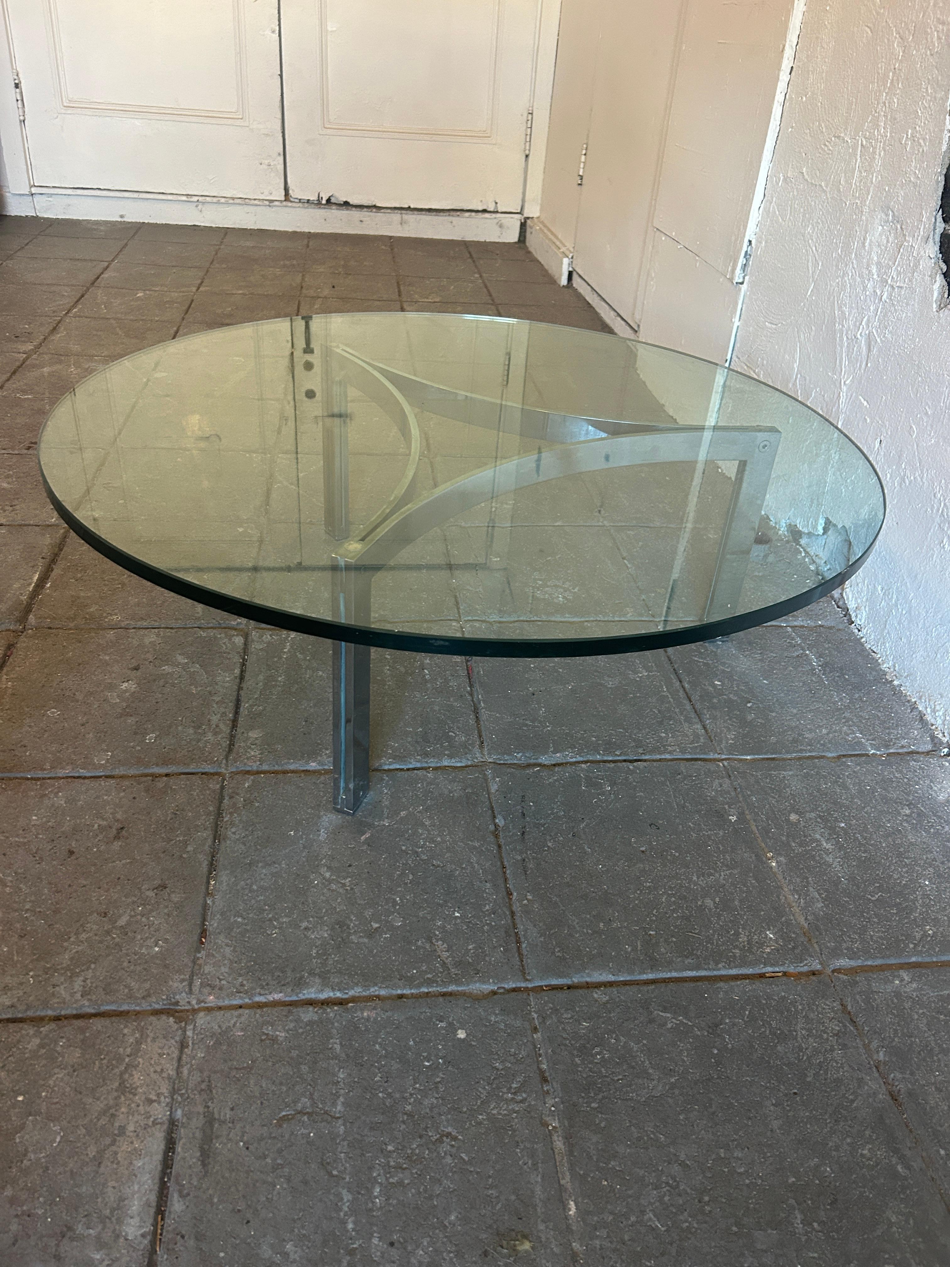 Glass Henri Ganz for Stendig Swiss mirror chrome base round glass top coffee table For Sale