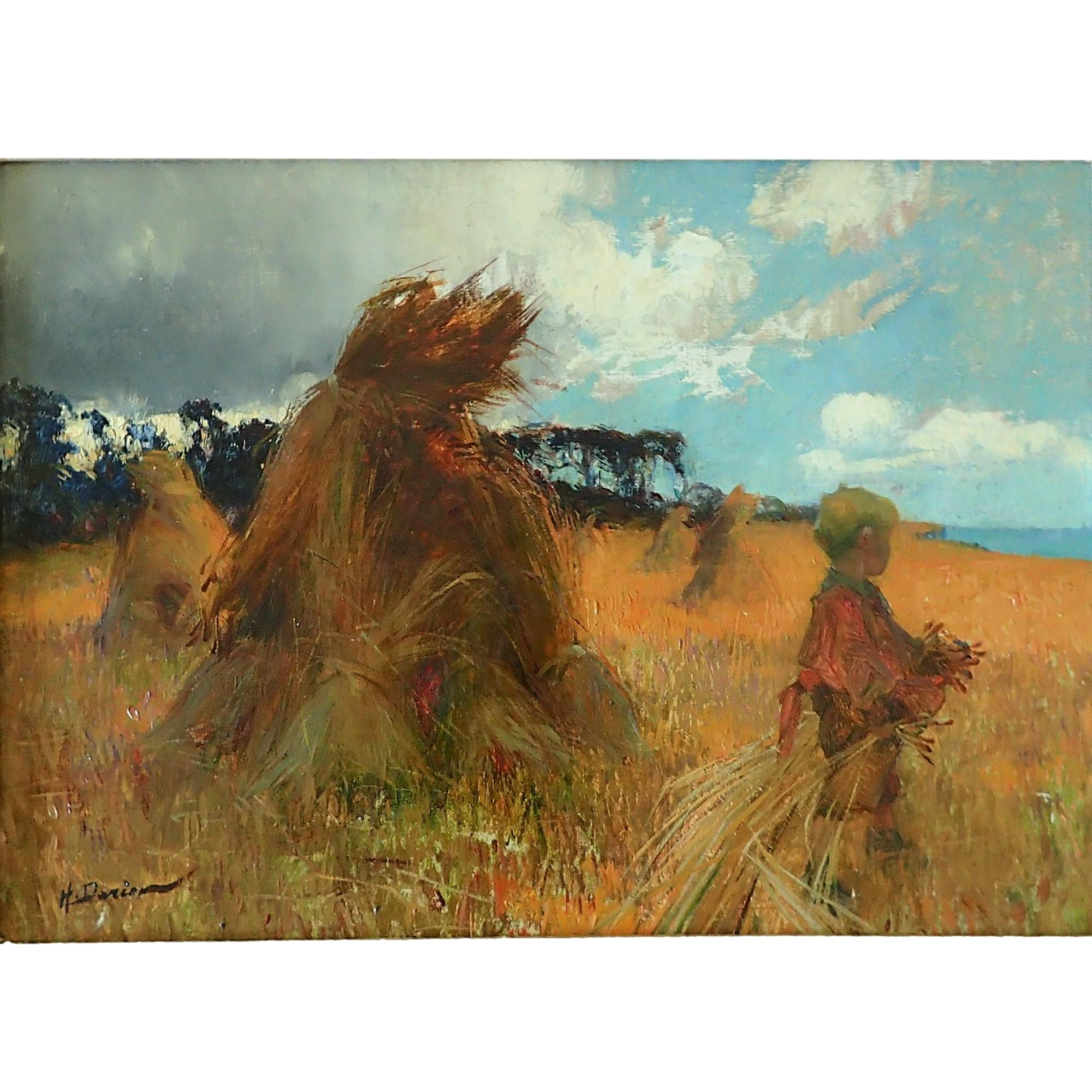 A Beautiful Oil on Canvas Painting Of the Wheat Harvest by Henri Gaston Darien.

Born in Paris in 1864, Henri Gaston DARIEN signed his paintings with the pseudonym DARIEN, an anagram of his real name Adrien.
A student of Jules Lefebvre and Antoine