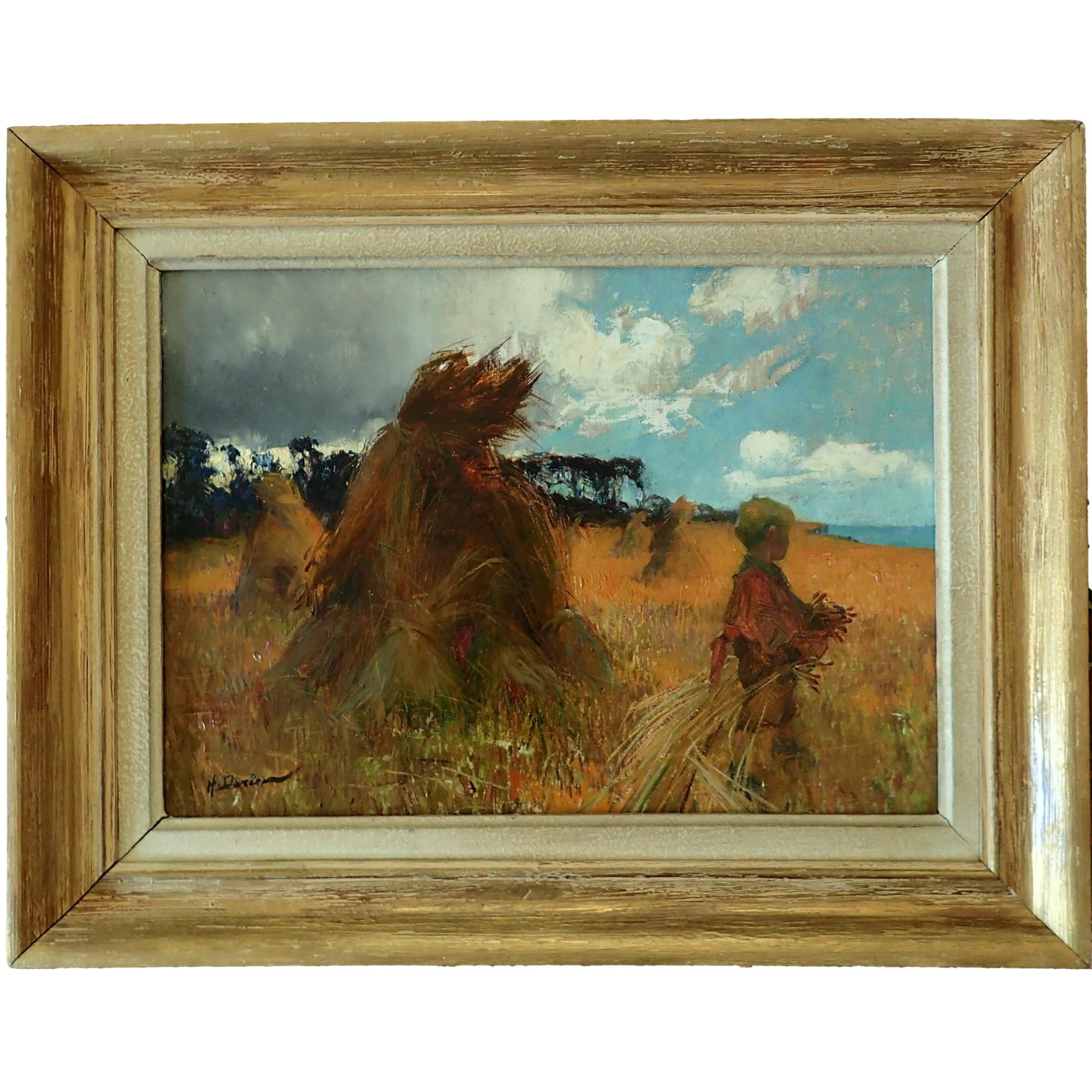 Henri Gaston Darien Landscape Painting - French Oil painting - The Wheat Harvest or Sheaves