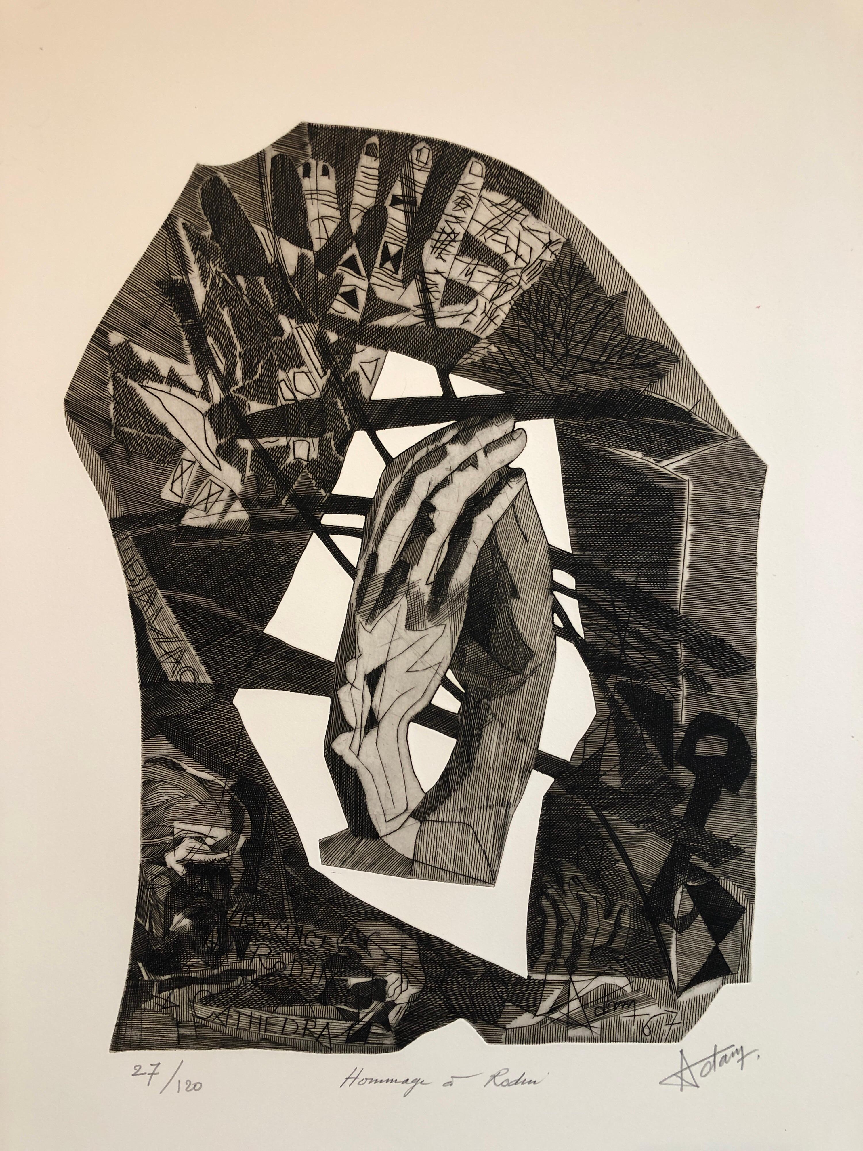 Henri Georges Adams Abstract Print – Surrealistische Karborund-Radierung, Homage a Rodin