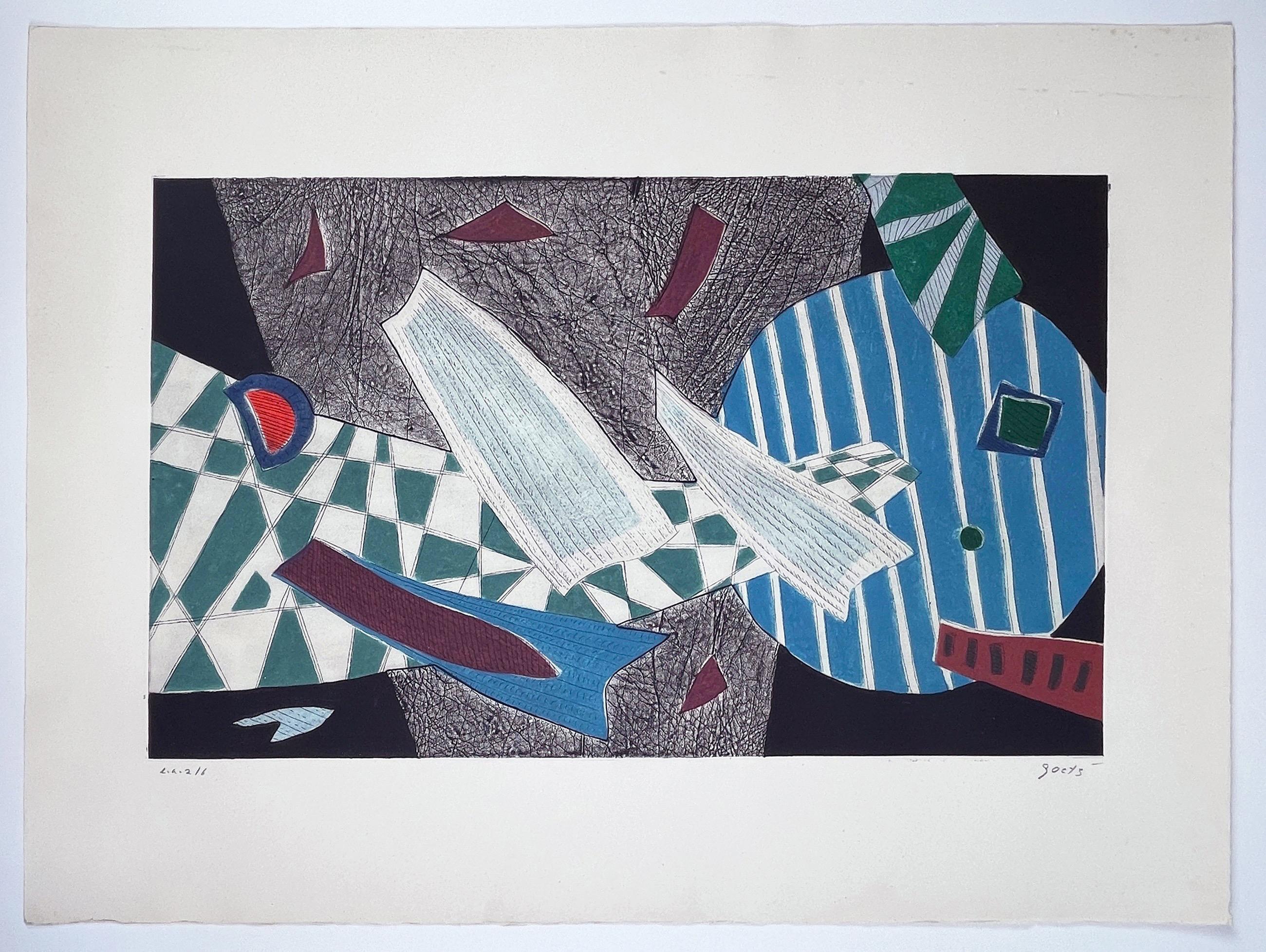 Suite aus vier Drucken von Henri Goetz, abstrakter, farbenfroher, geometrischer, surrealistischer Surrealismus