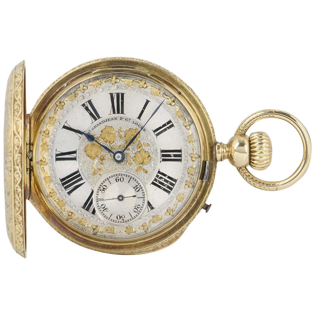 Henri Grandjean & Co. Full Hunter Pocket Watch 18k Yellow Gold Silvered Dial