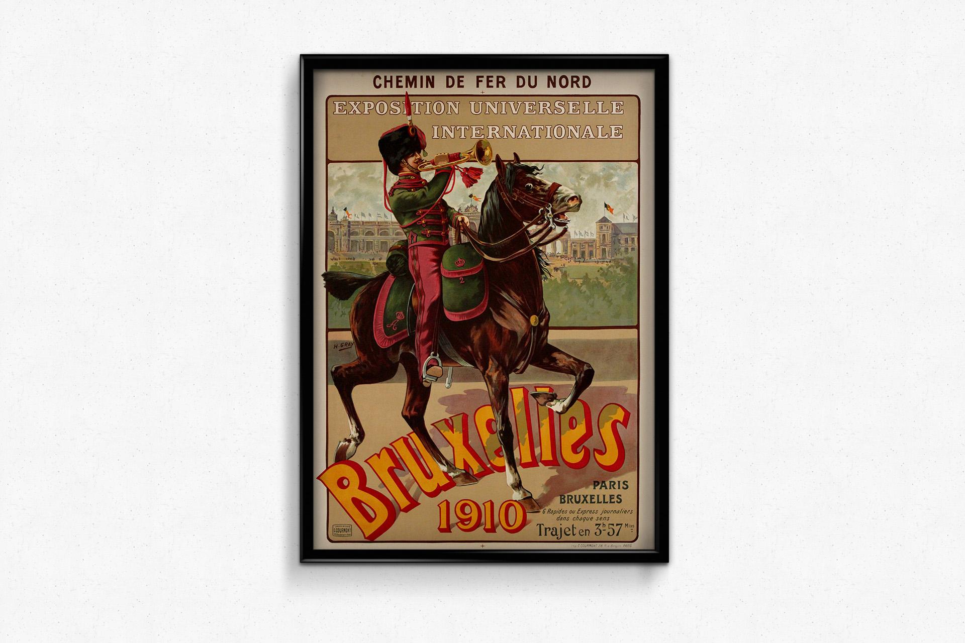 Das Originalplakat von Henri Gray für die Exposition Universelle Internationale in Brüssel aus dem Jahr 1910, das für die Chemin de Fer du Nord geschaffen wurde, ist eine exquisite Darstellung der Werbekunst des frühen 20. Jahrhunderts. Diese