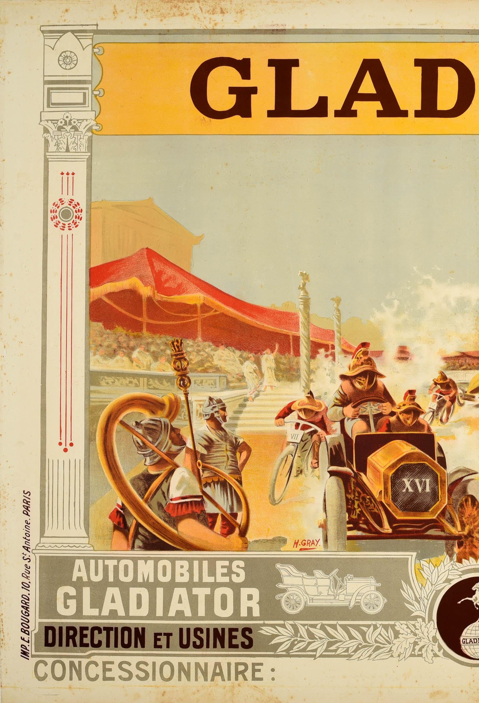 Original Antikes Werbeplakat Gladiator Automobile Cycles Henri Gray Auto (Beige), Print, von Henri Gray (Henri Boulanger)