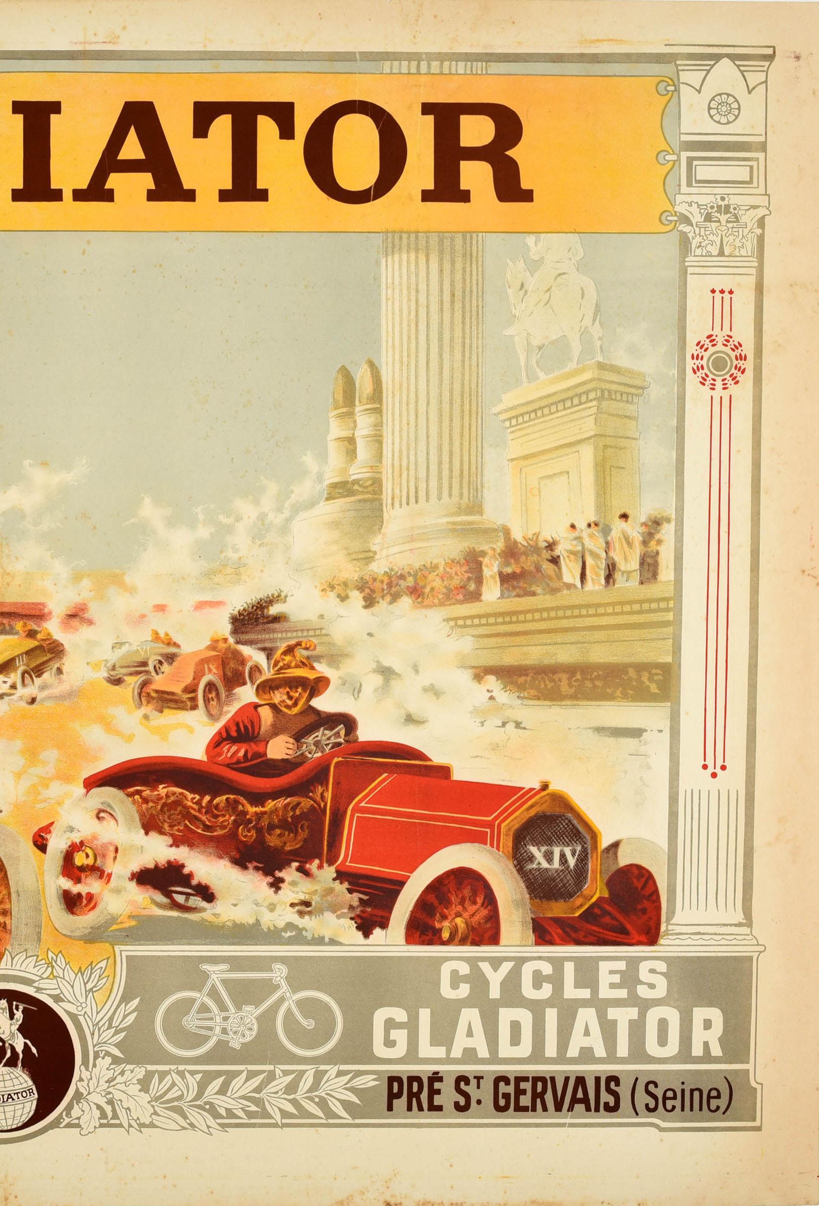 Original antique advertising poster for Gladiator Automobiles and Cycles featuring great artwork by Henri Gray (aka Henri Boulanger; 1858-1924) depicting classic cars speeding and motorbikes racing towards the viewer on an ancient Roman style track